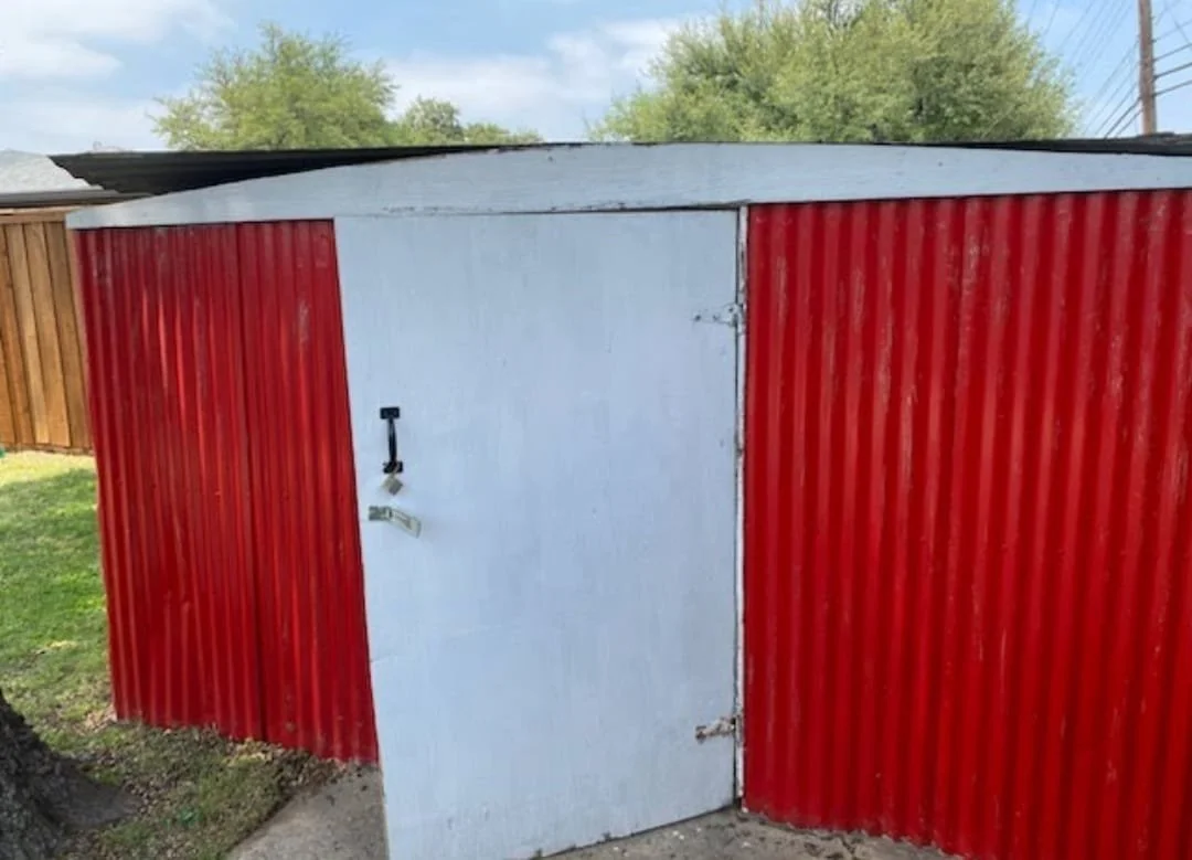 Backyard metal storage shed removal project in Plano, TX handled by Quick Junk Removal specializing in shed demolition and hauling.