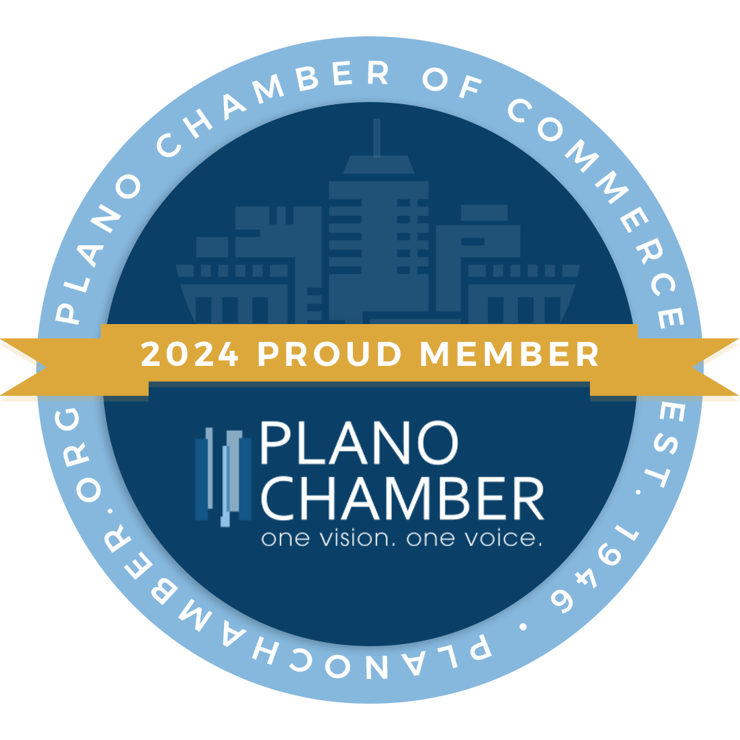 A circular badge for the Plano Chamber of Commerce with a blue cityscape background, the text "2024 Proud Member" on a gold banner, and the Plano Chamber logo with the slogan "one vision. one voice."