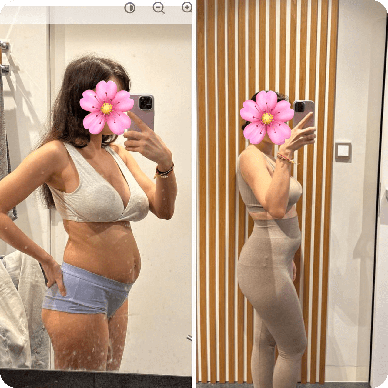 Side-by-side before and after photos of a woman showing body transformation, face covered with a pink flower emoji. In one photo, she wears underwear and a sports bra; in the other, she's in a fitted workout outfit. Both images capture her in similar poses, with an emphasis on physical changes.