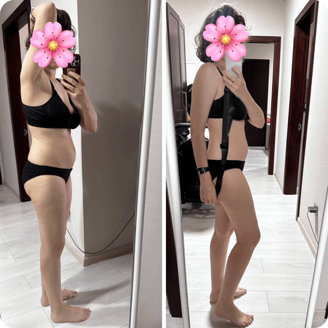 Side-by-side comparison of two mirror selfies showing a person in black underwear, face obscured with a flower emoji, illustrating a physical transformation.