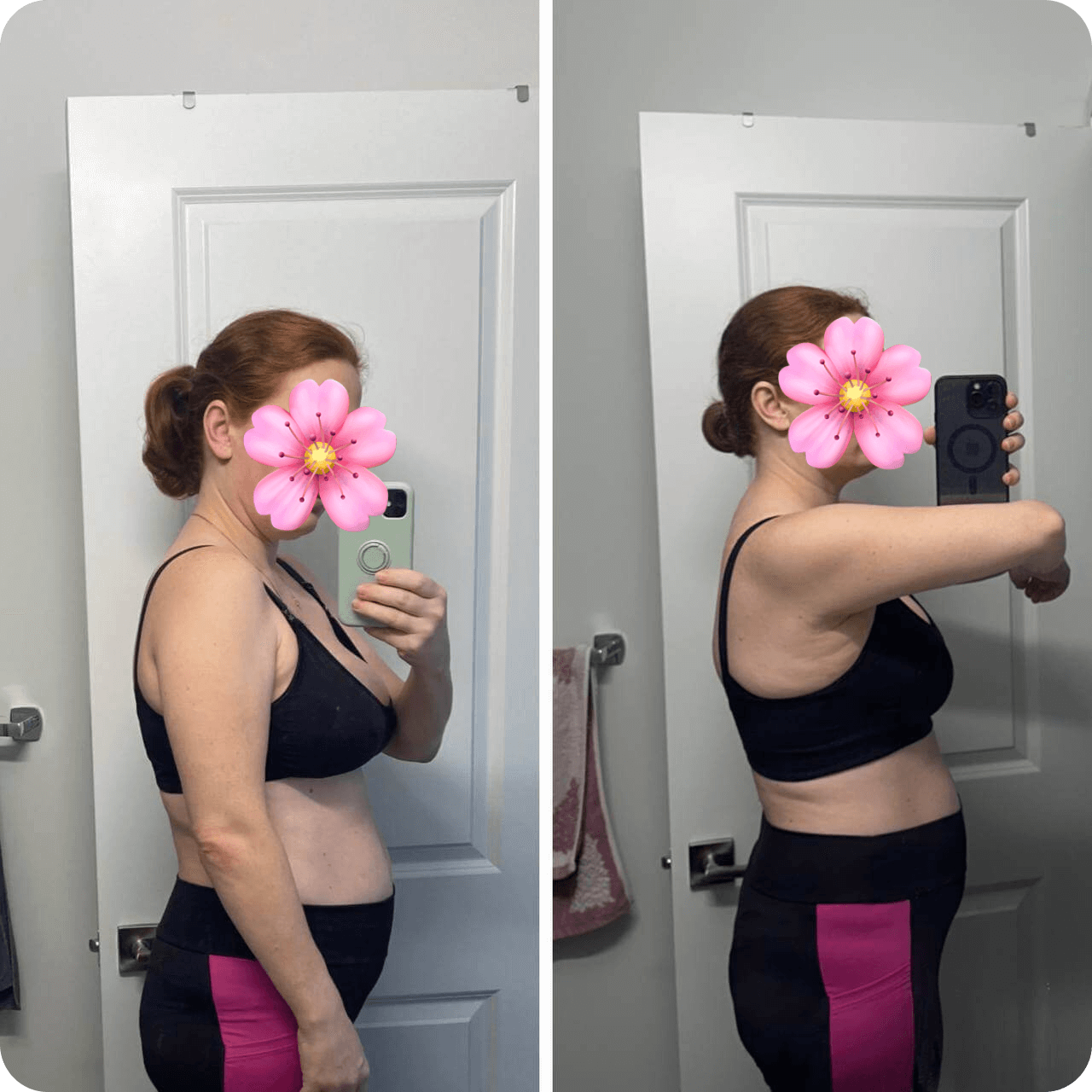 Side-by-side images of a person taking a selfie in a mirror. The individual is wearing a black athletic tank top and leggings with pink panels. Their face is obscured by a flower emoji. The setting appears to be a bathroom.