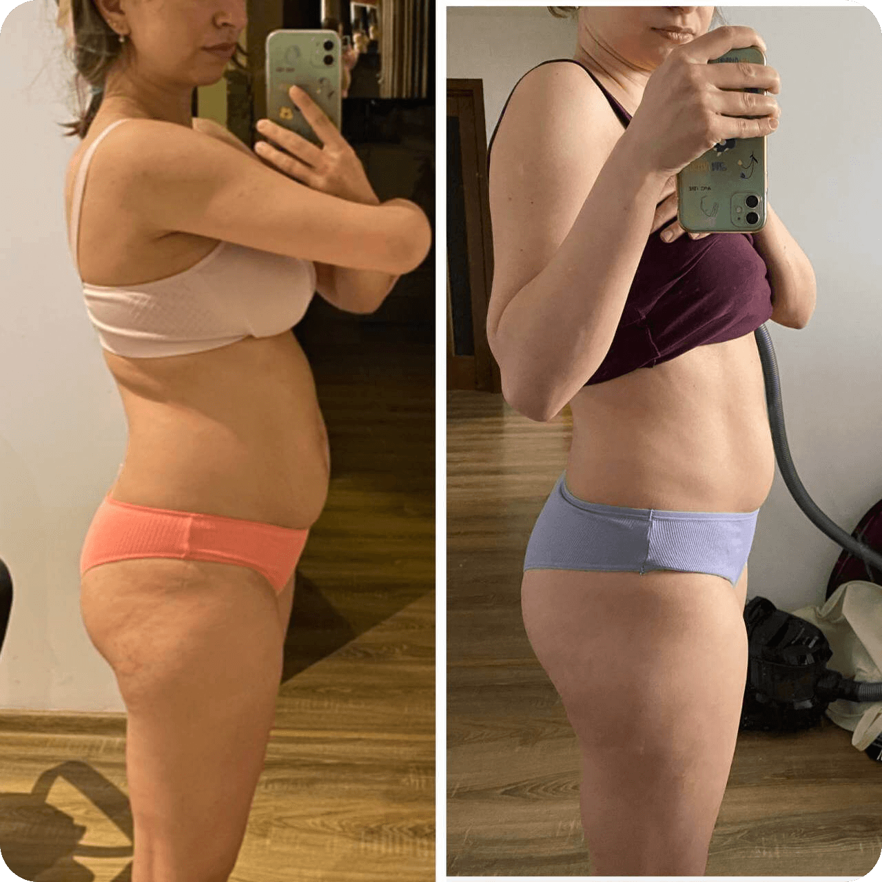 Before and after photos of a woman showing weight loss results, taking mirror selfies from a side profile in underwear.