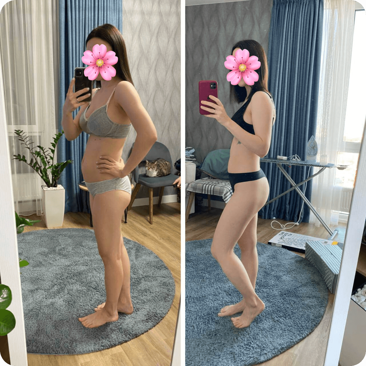 Comparison of a person in underwear taking mirror selfies, showing a before and after transformation in body shape. Room features include blue curtains, a gray rug, and an ironing board.