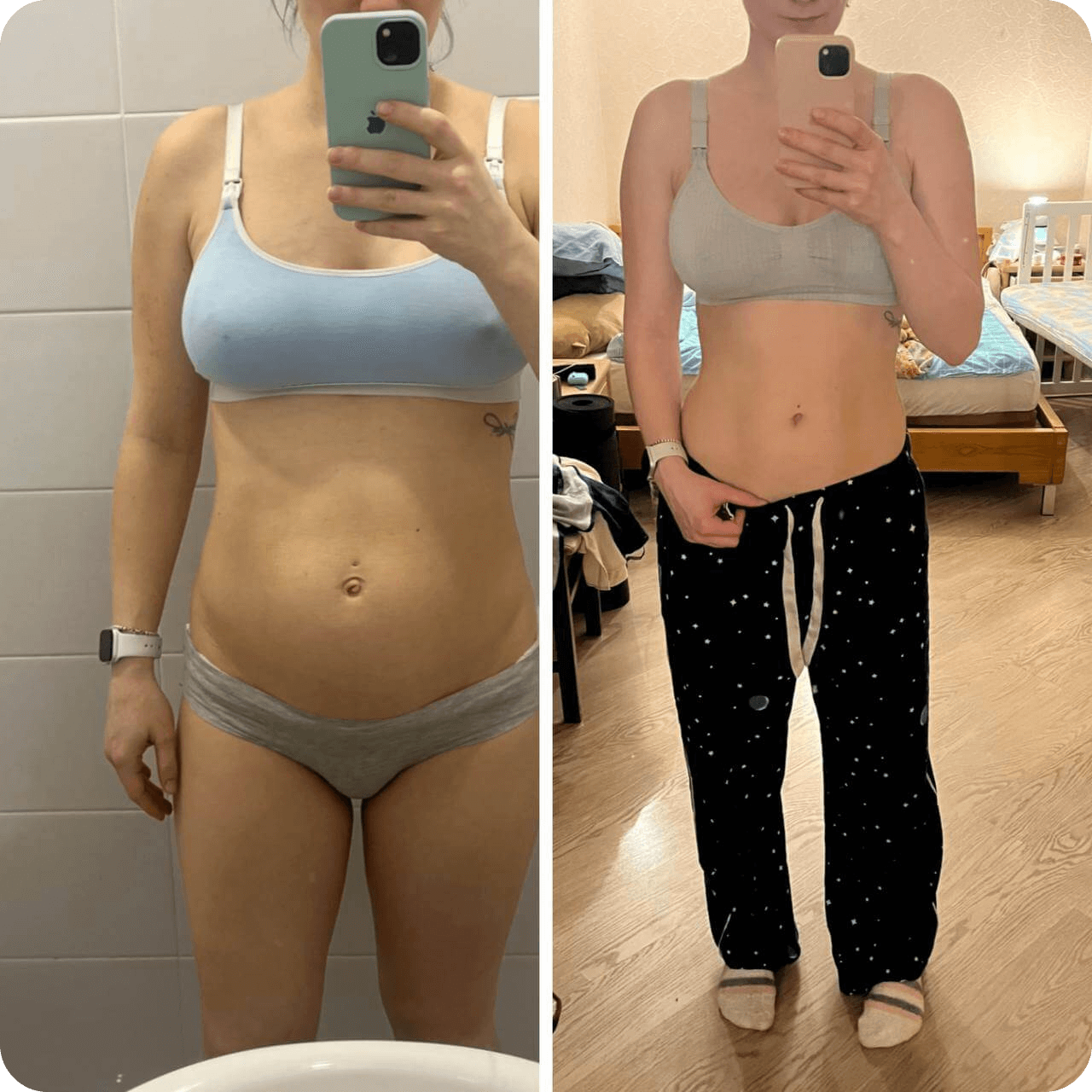 Two side-by-side before and after photos of a person showing weight loss progress. The left image features the person in a blue sports bra and gray underwear, while the right image shows them in a gray sports bra and black pajama pants.