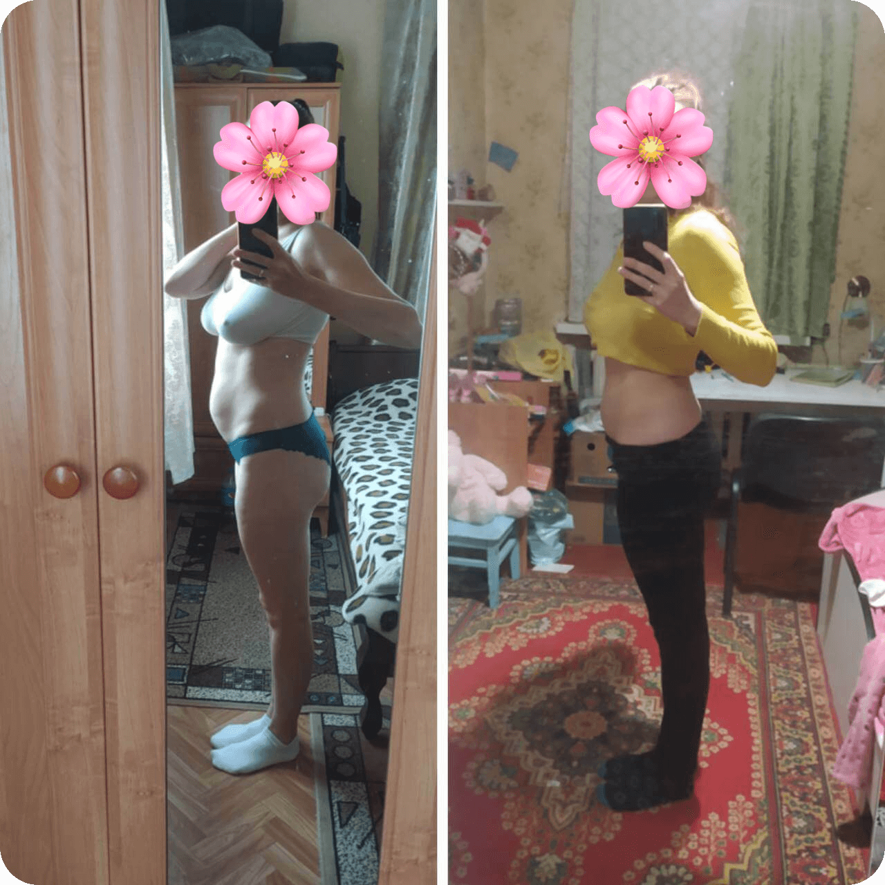 Before and after comparison of a person's side profile in front of a mirror, showcasing physical changes. Face obscured by a flower emoji.