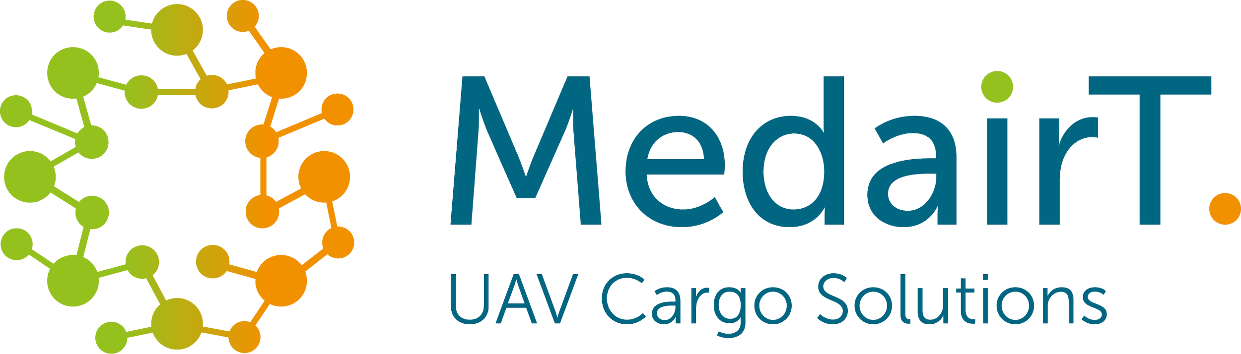 Logo van Medair UAY Cargo Solutions met grafische verbindingen in groen en oranje.