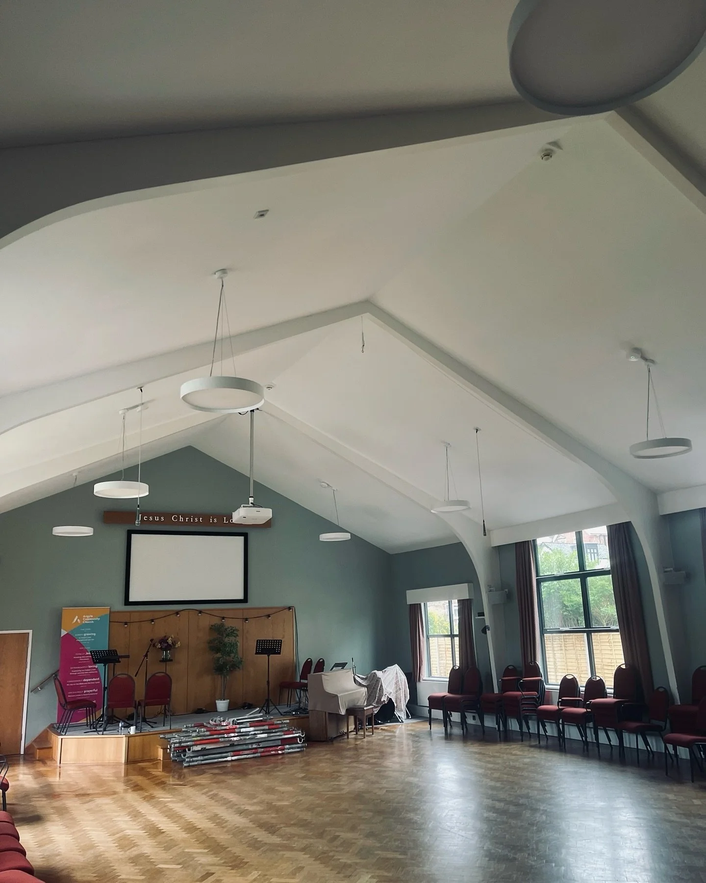 Reinstating hanging pendants in a Church in Reading, using Bluetooth and wireless switches, really gives a nice vibe to this room.