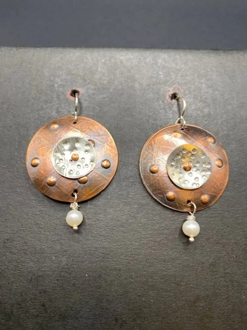 $125 | Earrings: Oxidized Copper / Sterling Silver / Hand-stamped