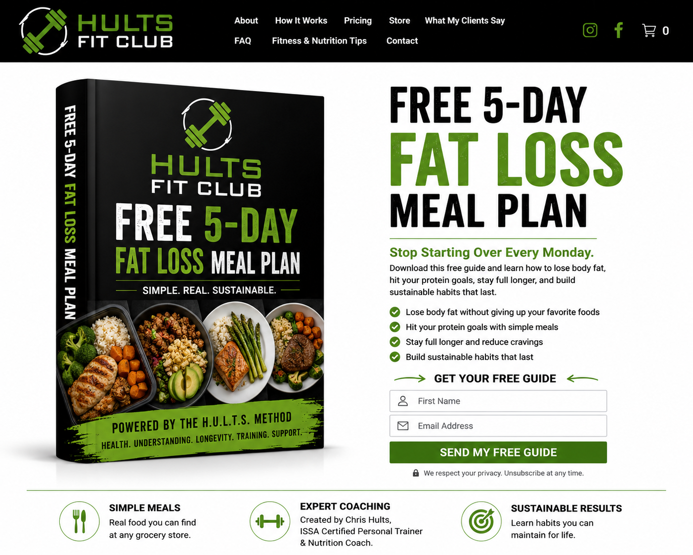 Website homepage for Hults Fit Club promoting a free 5-day fat loss meal plan with images of meal containers and a sign-up form.