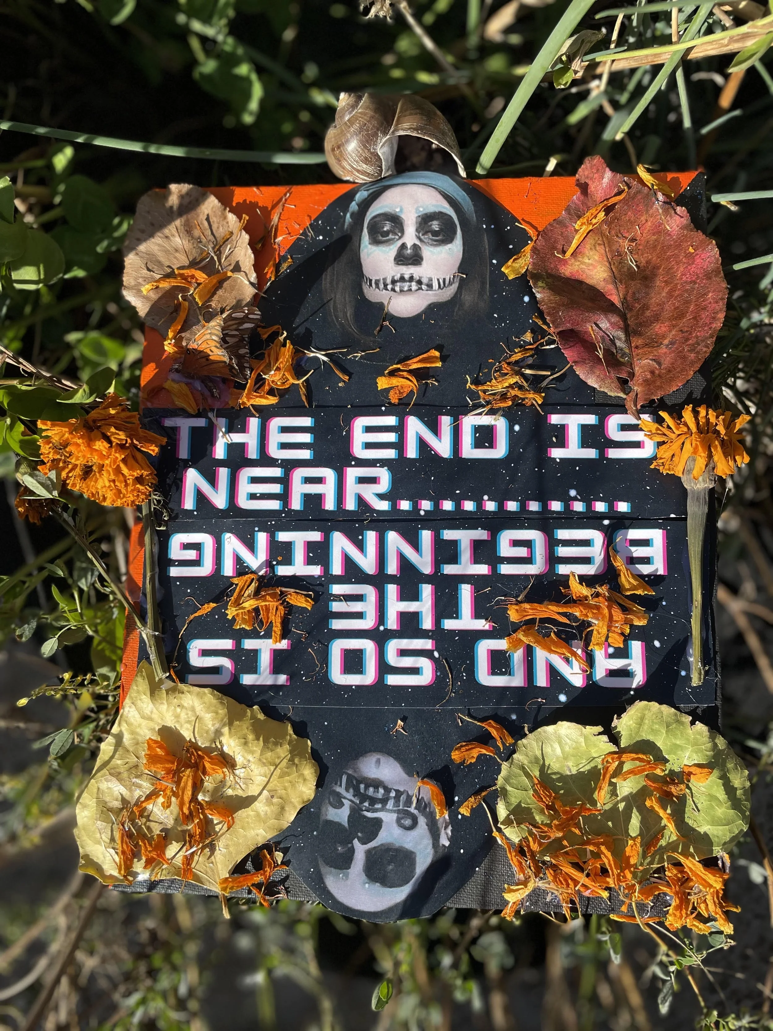 Mixed media art piece titled, “The End is Near,”  featured in "Mictlan" art showcase in Corazon de Barrio, Barrio Logan. Honoring Day of the Dead. November 2023