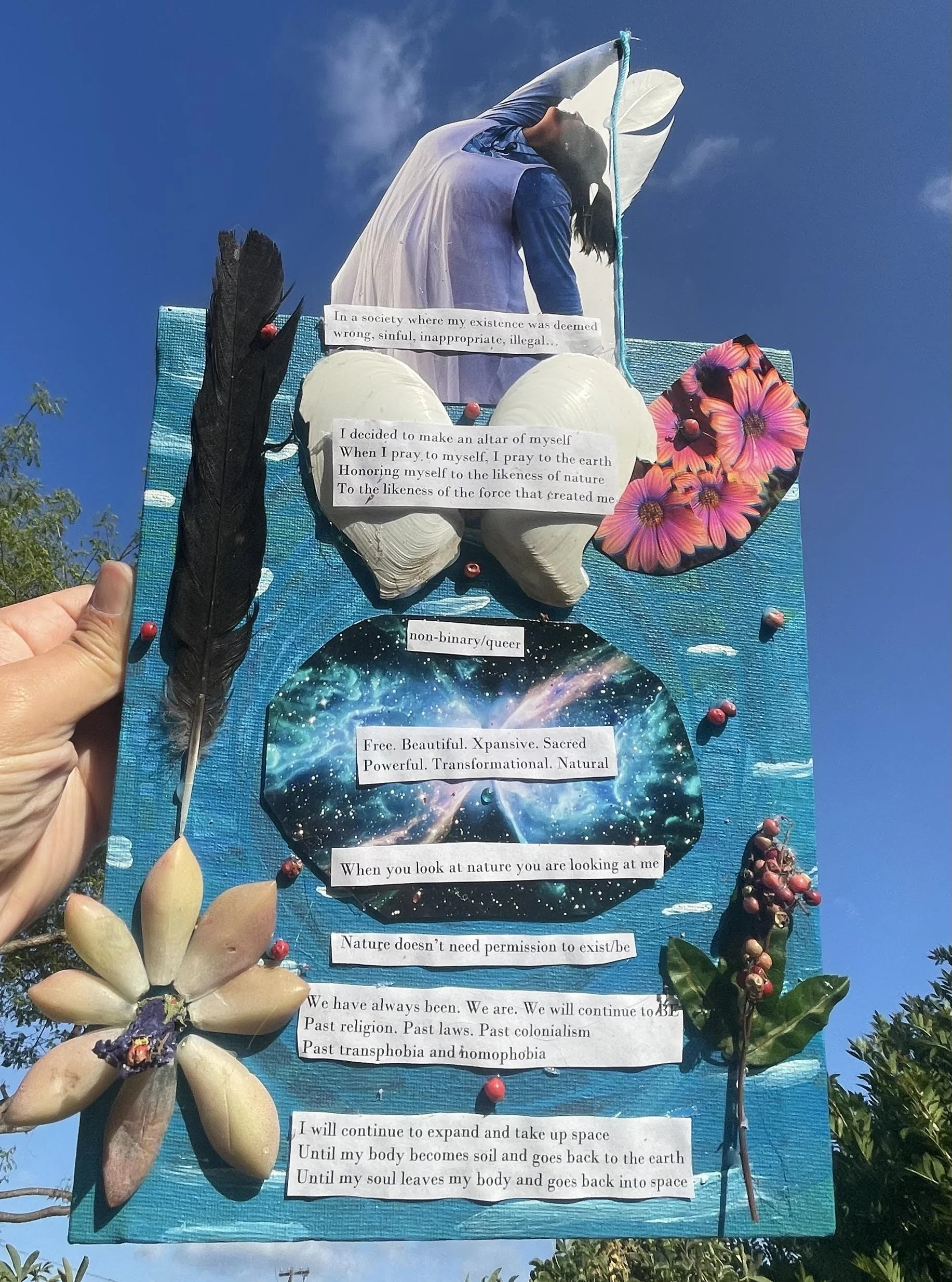 Mixed media art pieces set titled, “An Altar to Myself Part 1.” Includes an altar, a collage, and a poem. “An Altar to Myself,” featured in Our Existence is Resistance art showcase at Centro Cultural de La Raza. April 2023