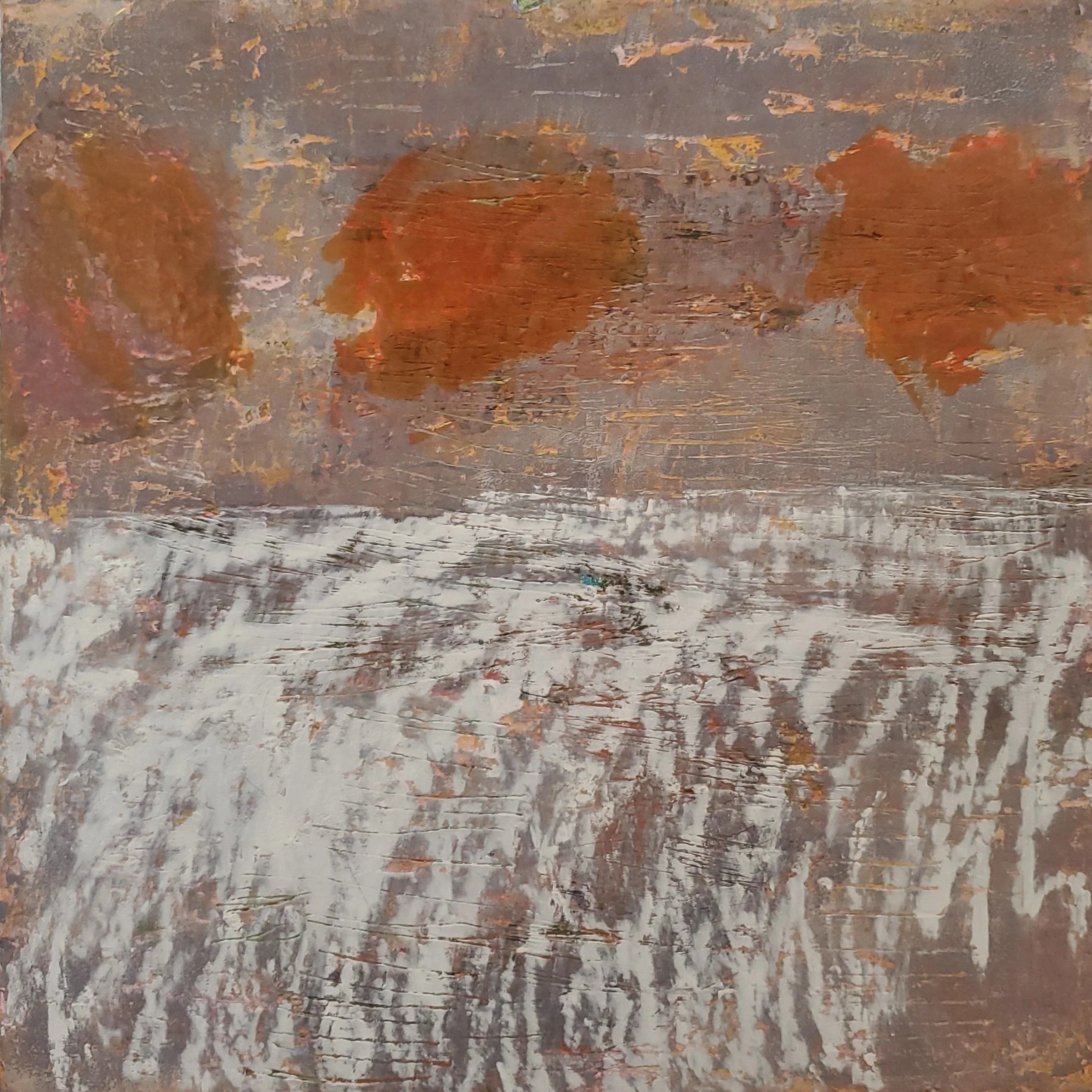 winter sunset, 12x12in, oil/cold wax on canvas panel, 2023