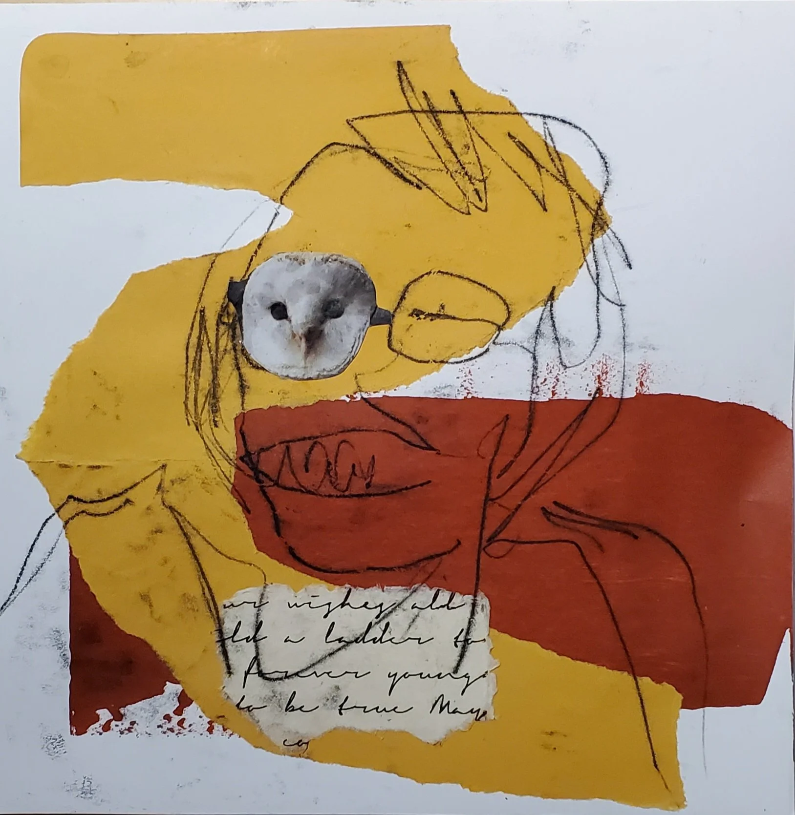 wise poet donna lives on the deschutes river, mixed media on paper, 10 x 10 in, 2025