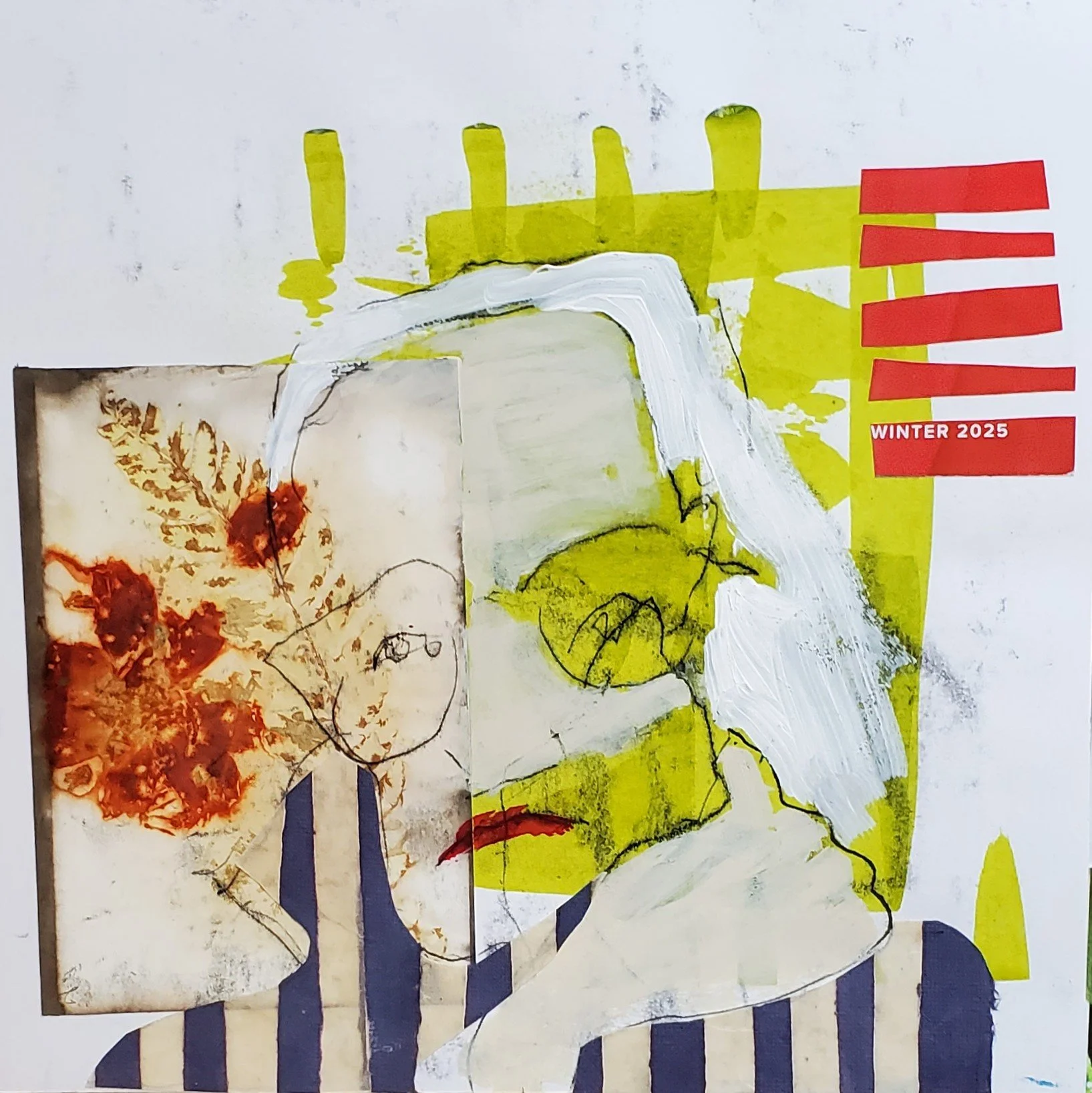 mary's prints and ladders, mixed media on paper, 10 x 10 in, 2025