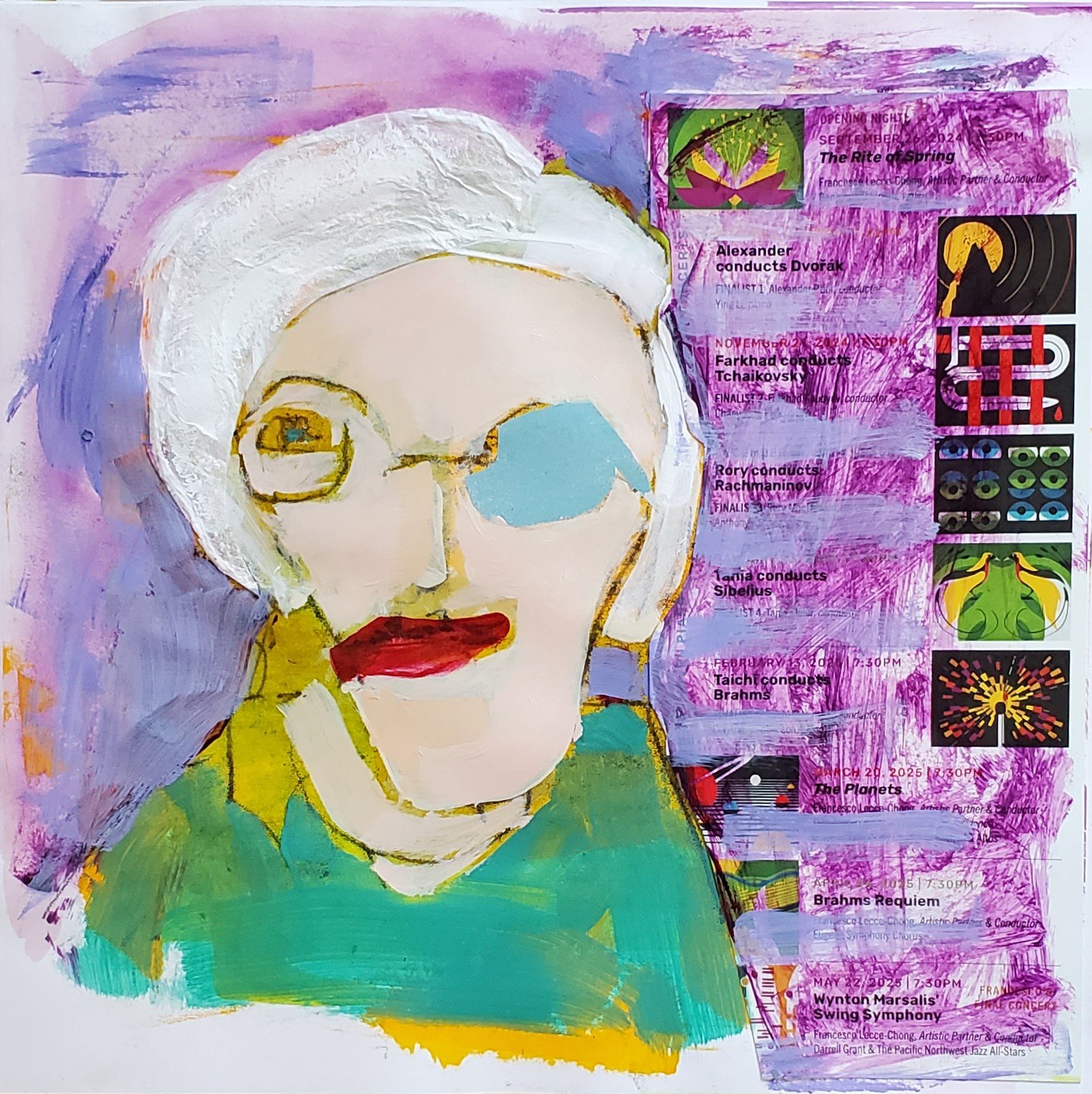 susan's symphony season calendar, mixed media on paper, 10 x 10 in, 2025