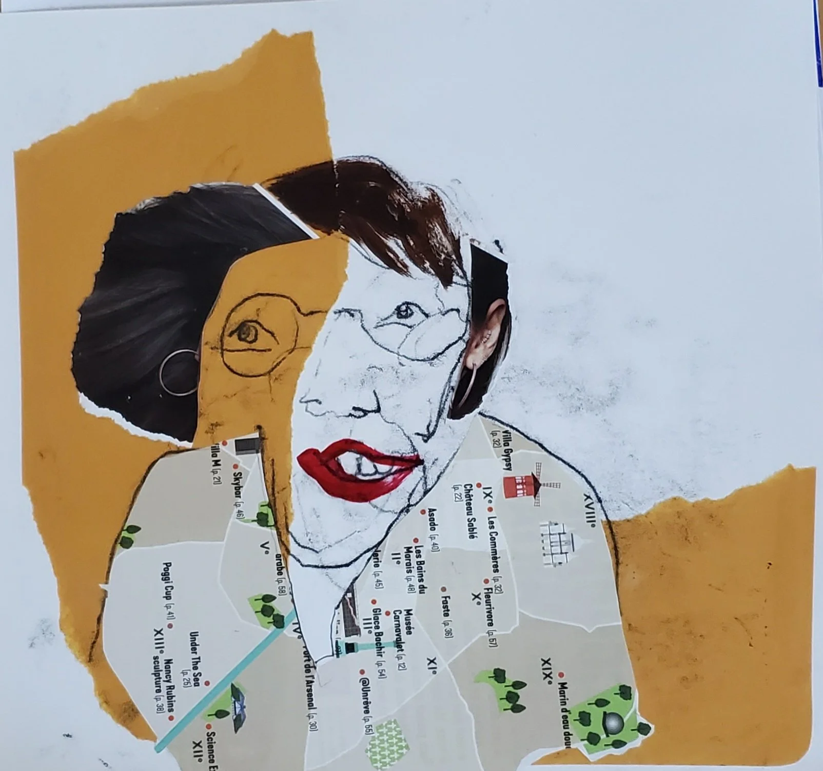 donna lived in paris once upon a time, mixed media on paper, 10 x 10 in, 2025
