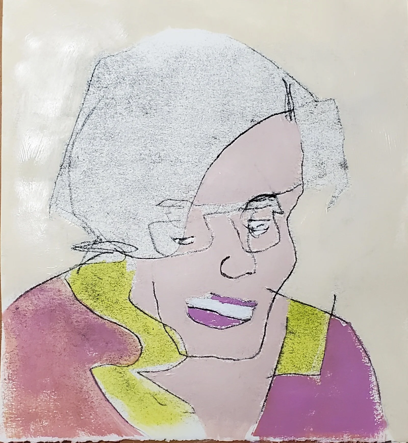 pink and chartreuse, mixed media on paper, 10 x 10 in, 2025