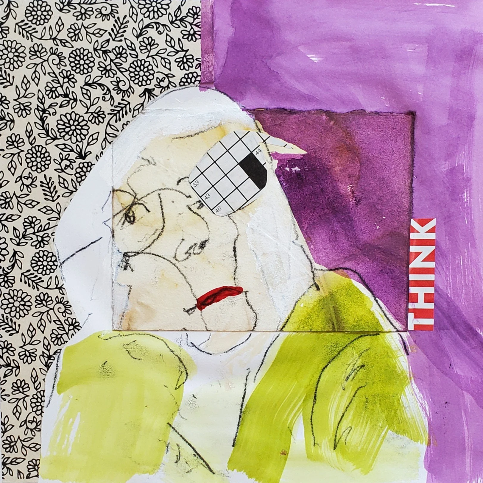 mary thinking, mixed media on paper, 10 x 10 in, 2025