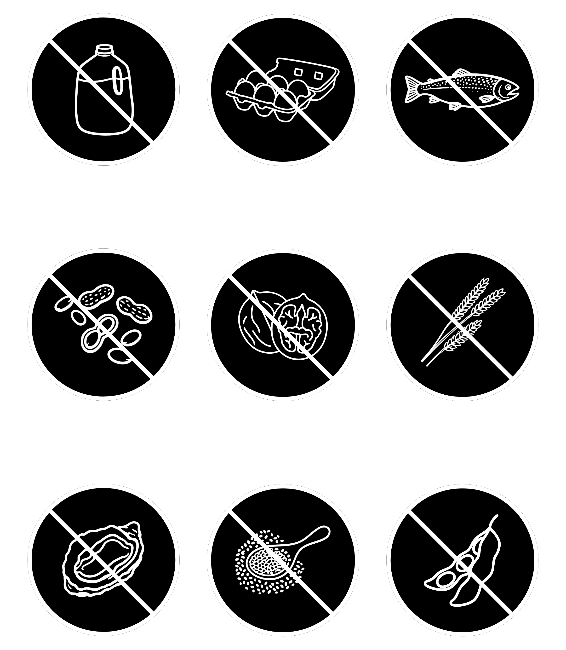 Six black circles with white line drawings, each crossed out with a diagonal line. The illustrations depict different food items: a milk carton, a carton of eggs, a fish, peanuts, a brain, and wheat stalks.