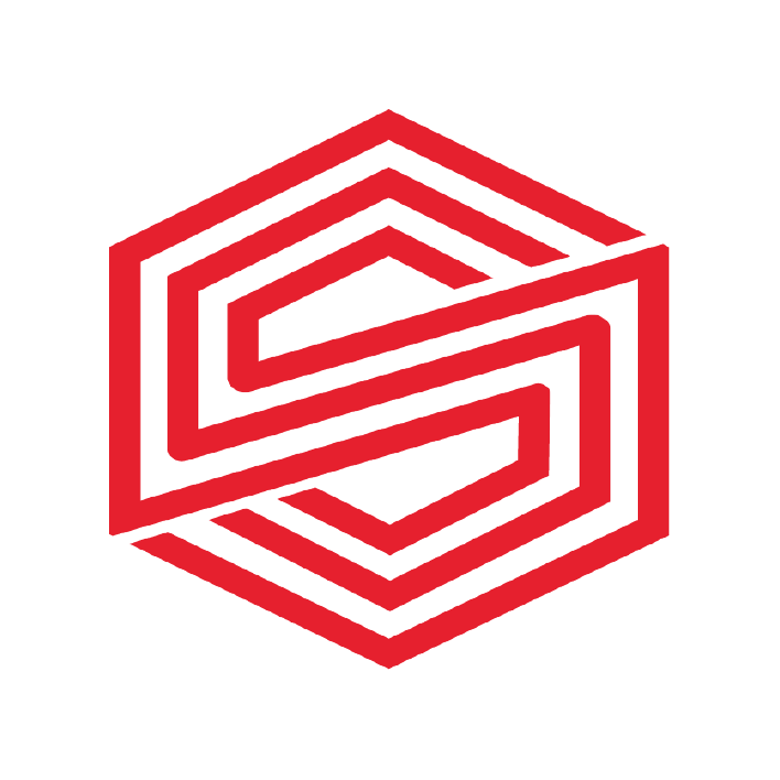 Red geometric logo with interlocking hexagonal and S-shaped design.