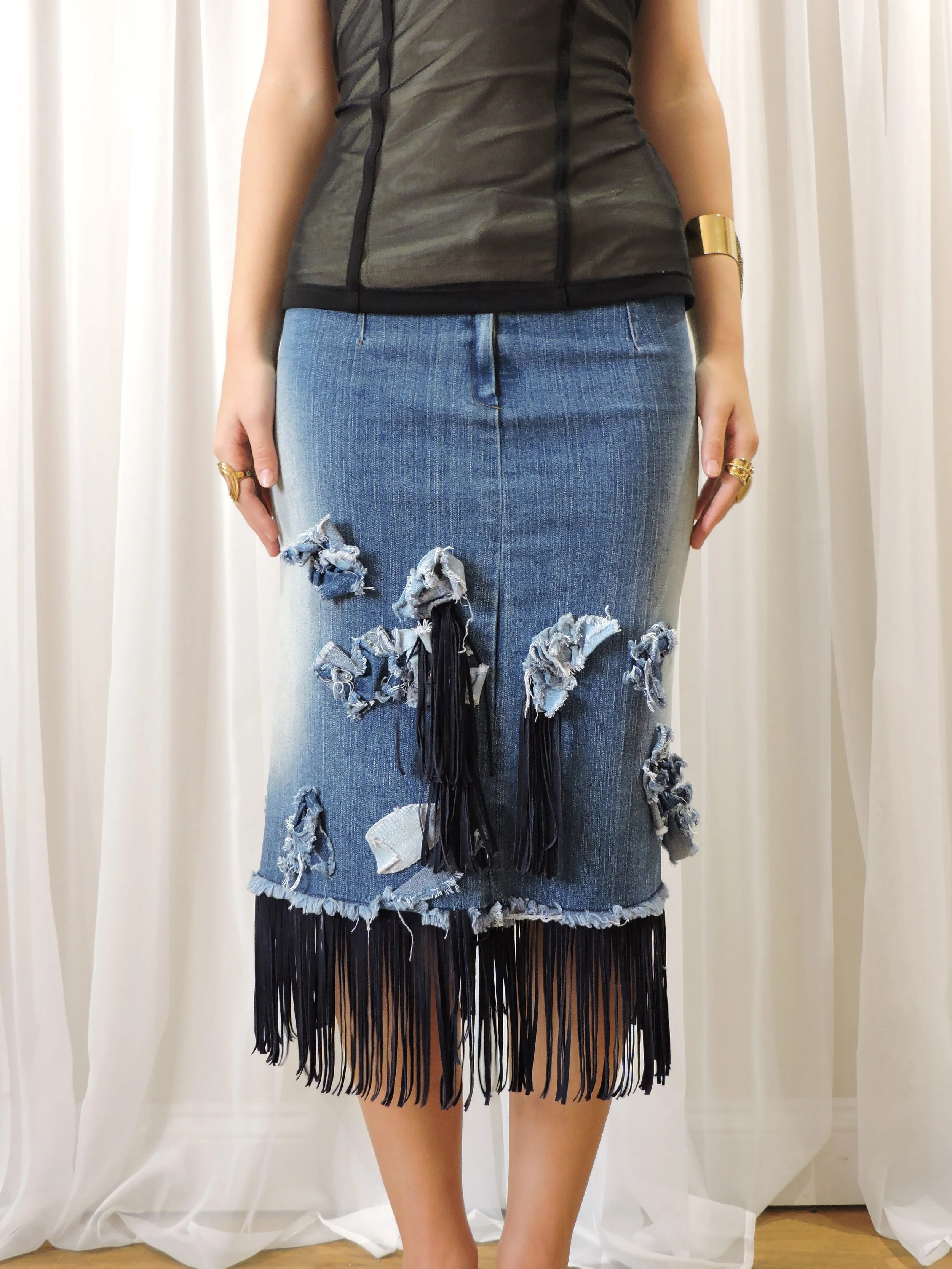 Early 2000s vintage fringed denim midi skirt with appliqué flowers