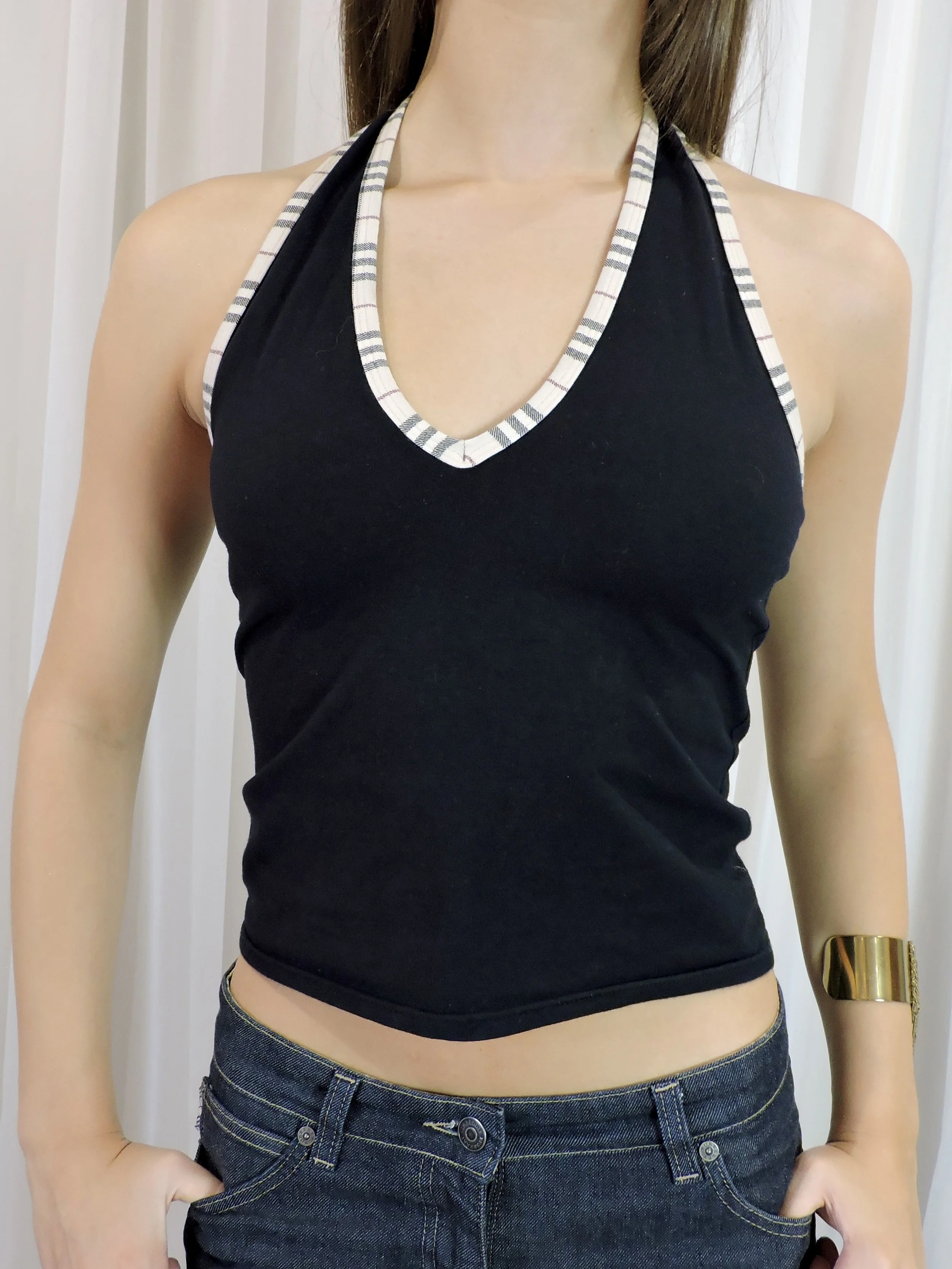 Burberry early 2000s black hater top with nova check trim