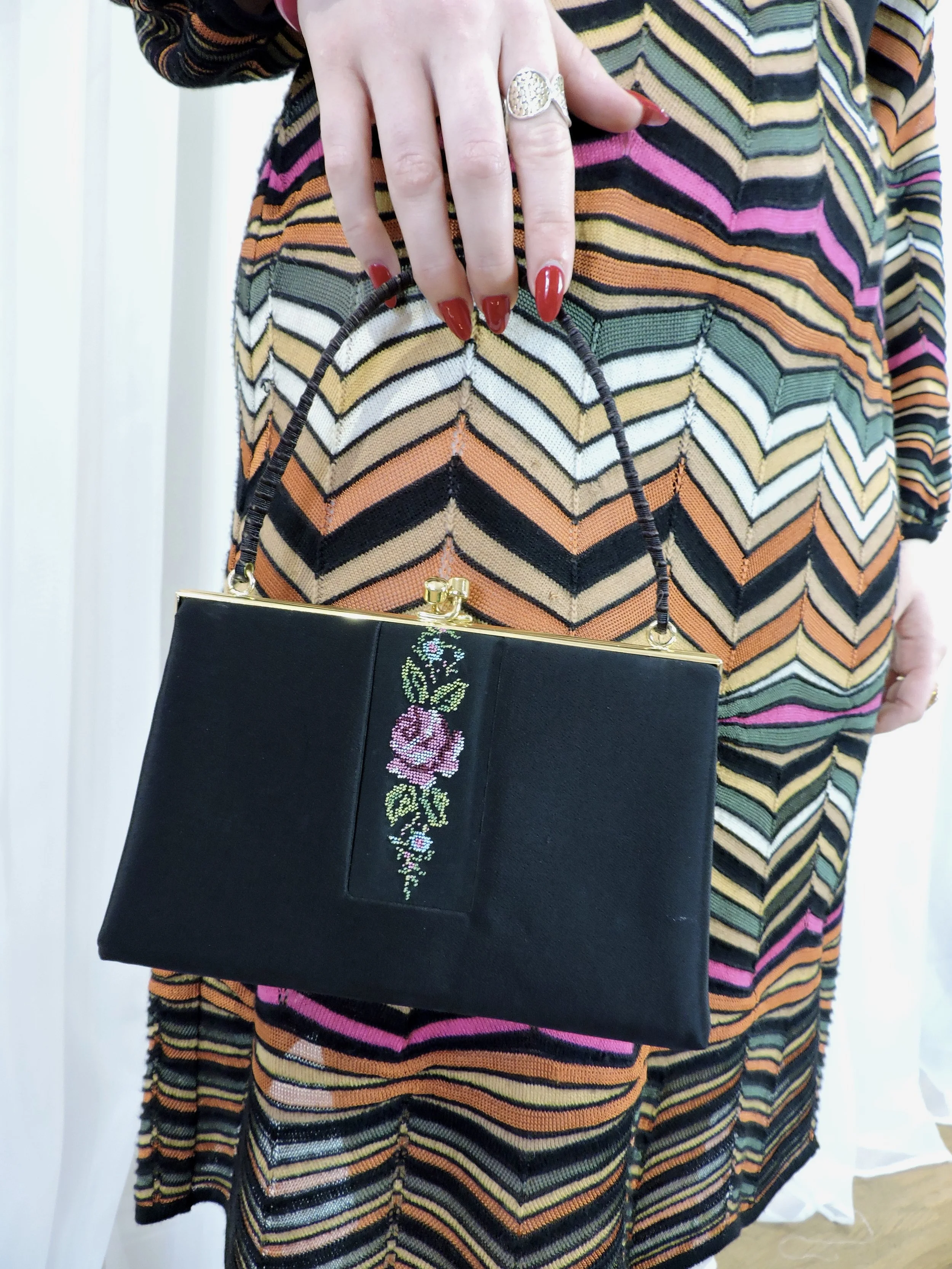 1950s vintage floral needlepoint evening bag