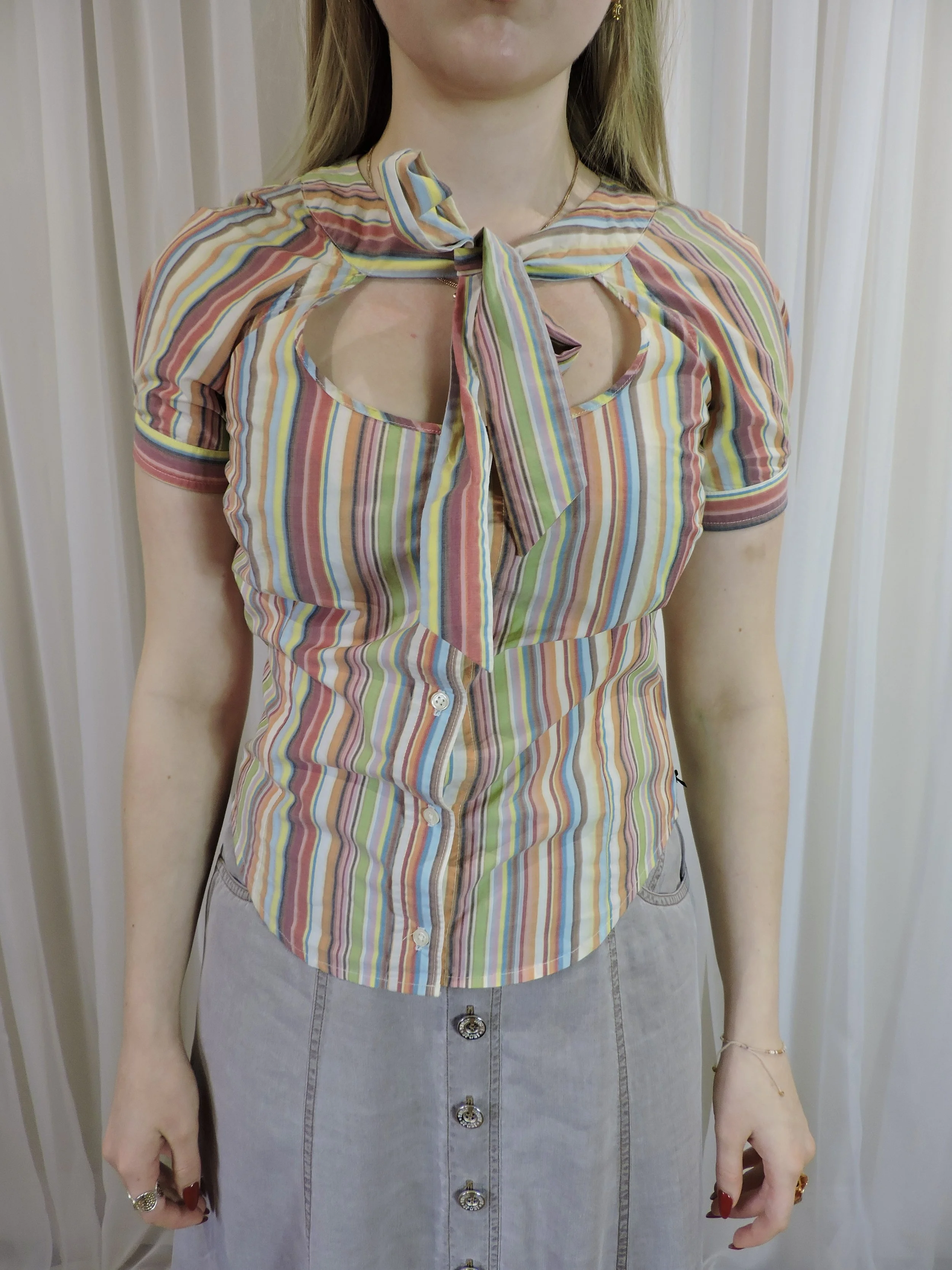 Paul Smith vintage early 2000s stripy cotton pussy bow blouse