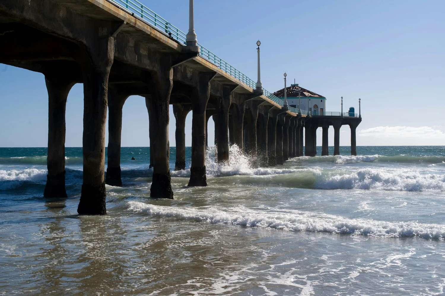 The Manhattan Beach pier seen from the shoreline with waves rolling beneath it