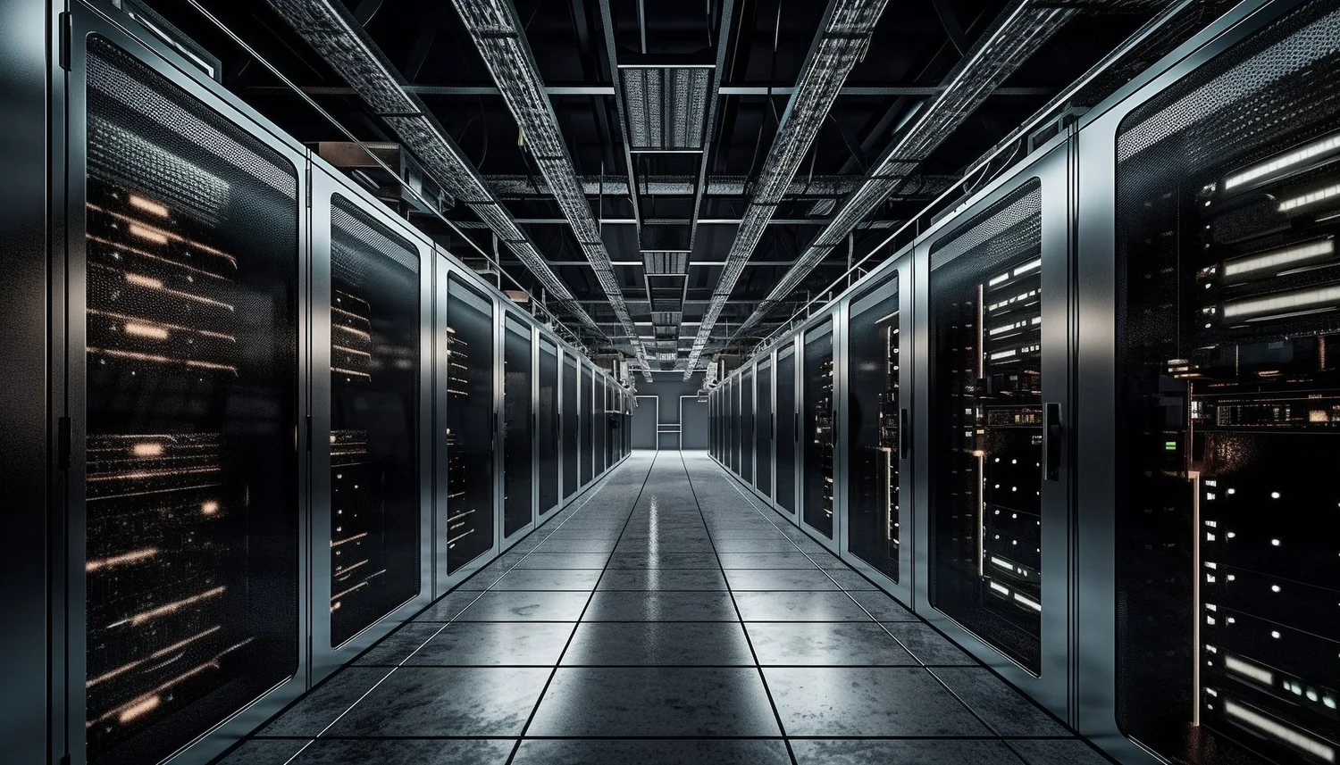 Corridor of server racks inside a data center