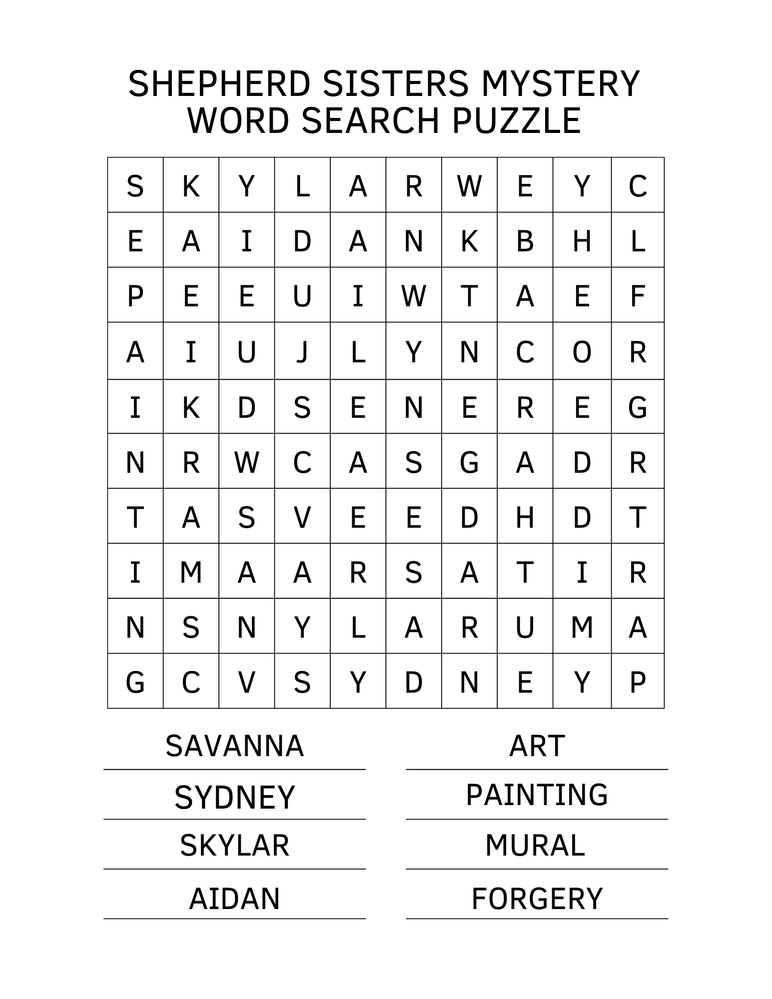Shepherd Sisters Mystery Word Search