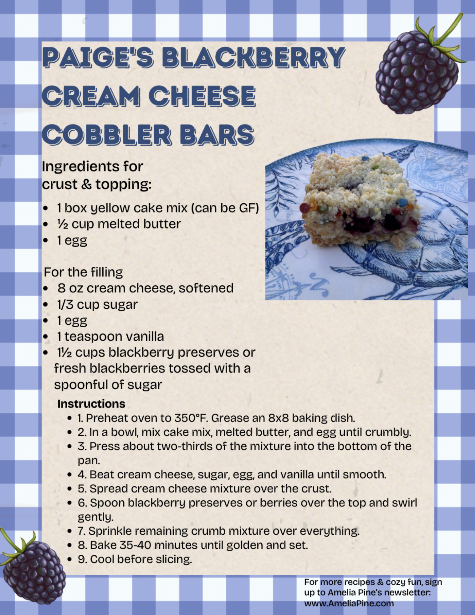 Paige's Blackberry Cream Cheese Cobbler Bars Recipe Card