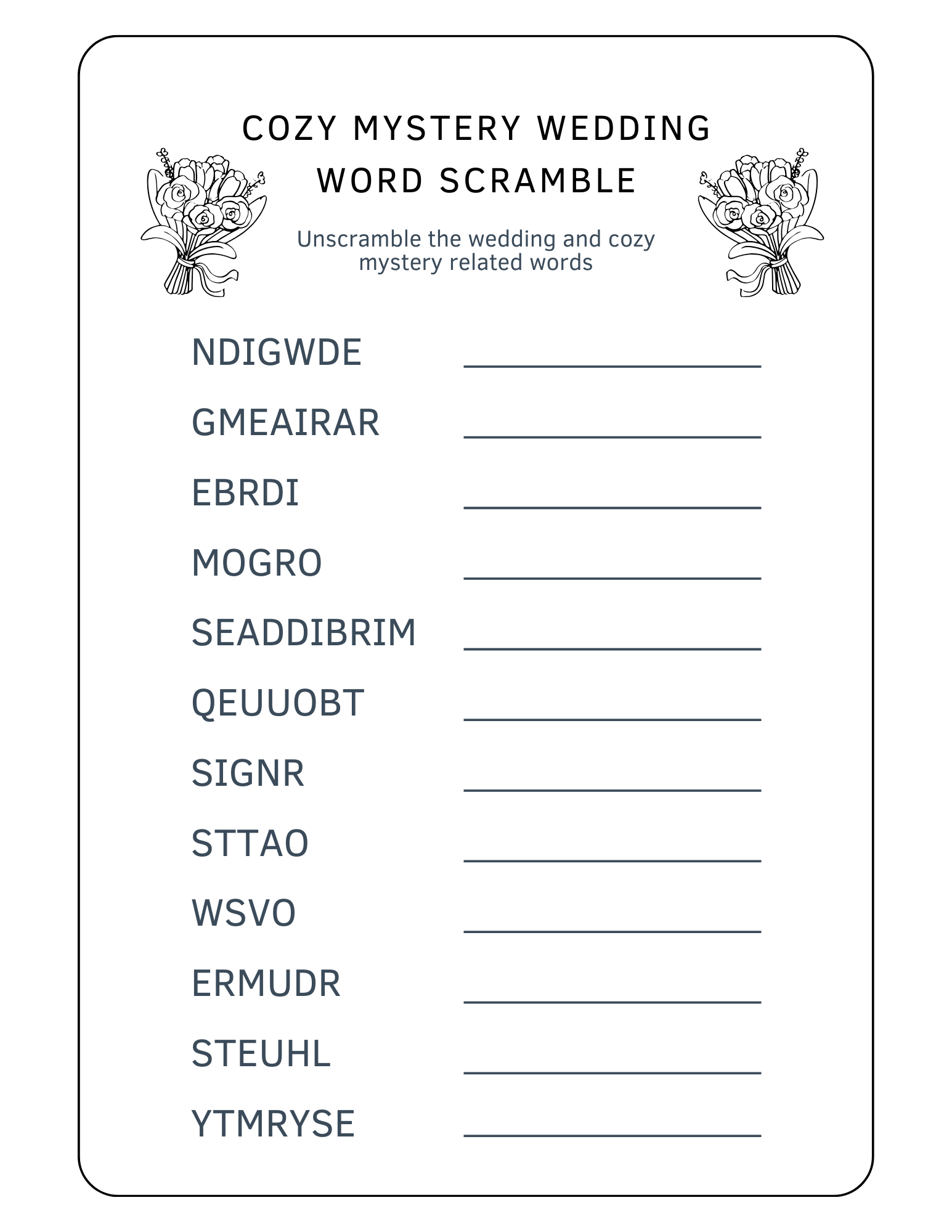 Cozy Mystery Wedding Word Scramble