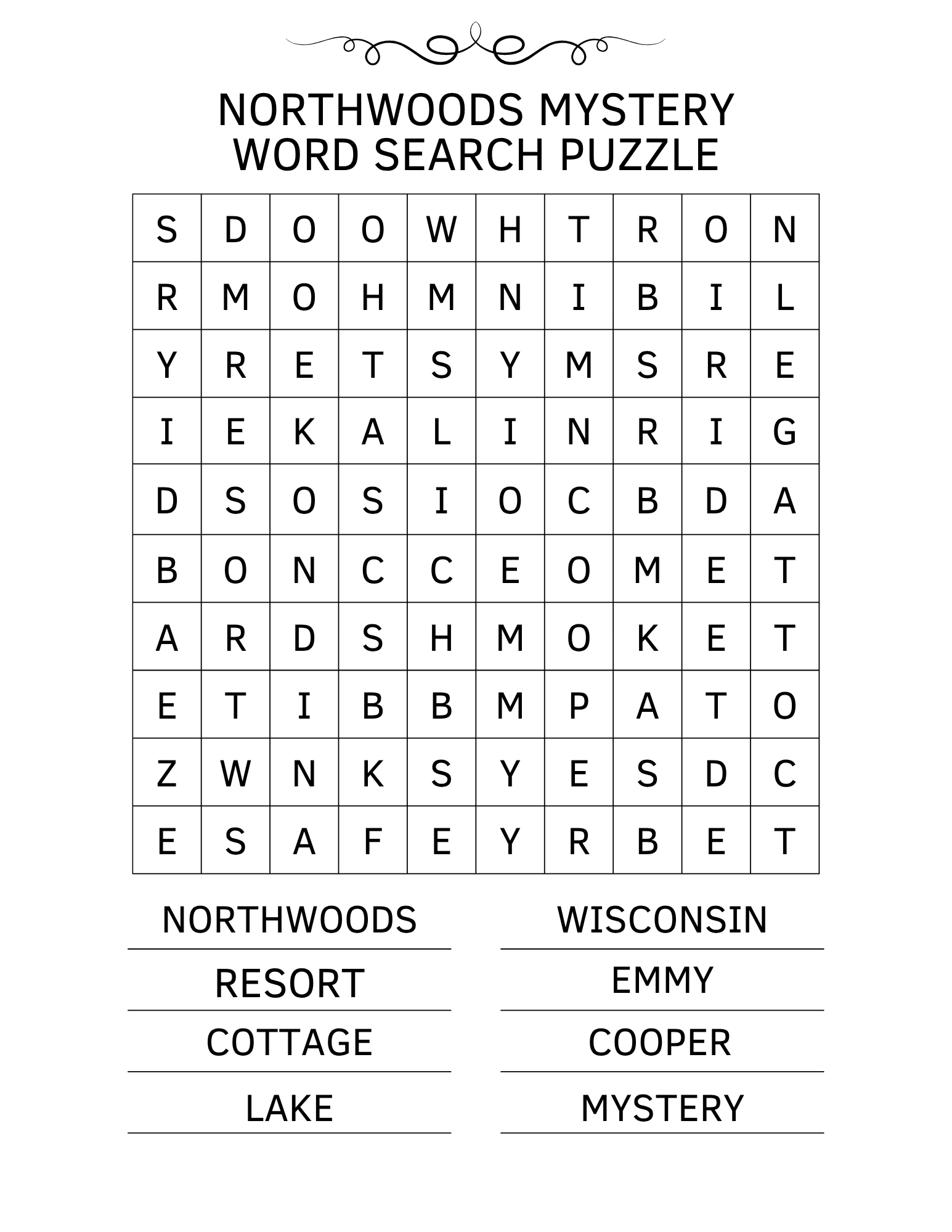 Northwoods Mystery Word Search