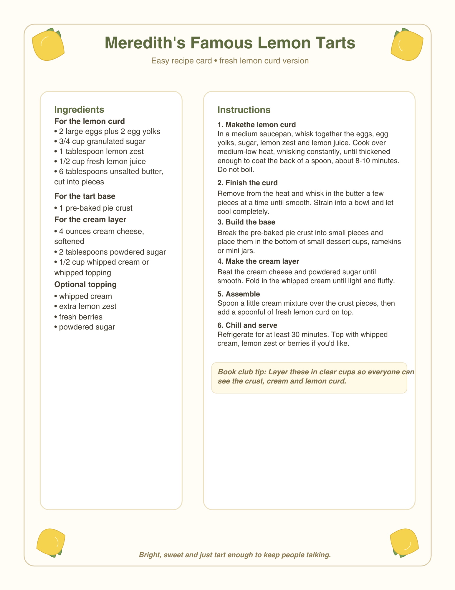 Stacked in Suspicion Cozy Mystery Recipe - Meredith's Famous Lemon Tarts Recipe Card