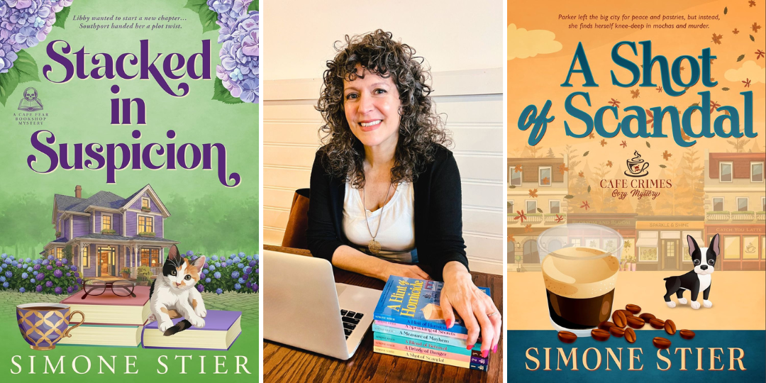 Cozy Mystery Author Simone Stier with a Cafe Crimes Cozy Mystery book and a Cape Fear Bookshop Mystery book.