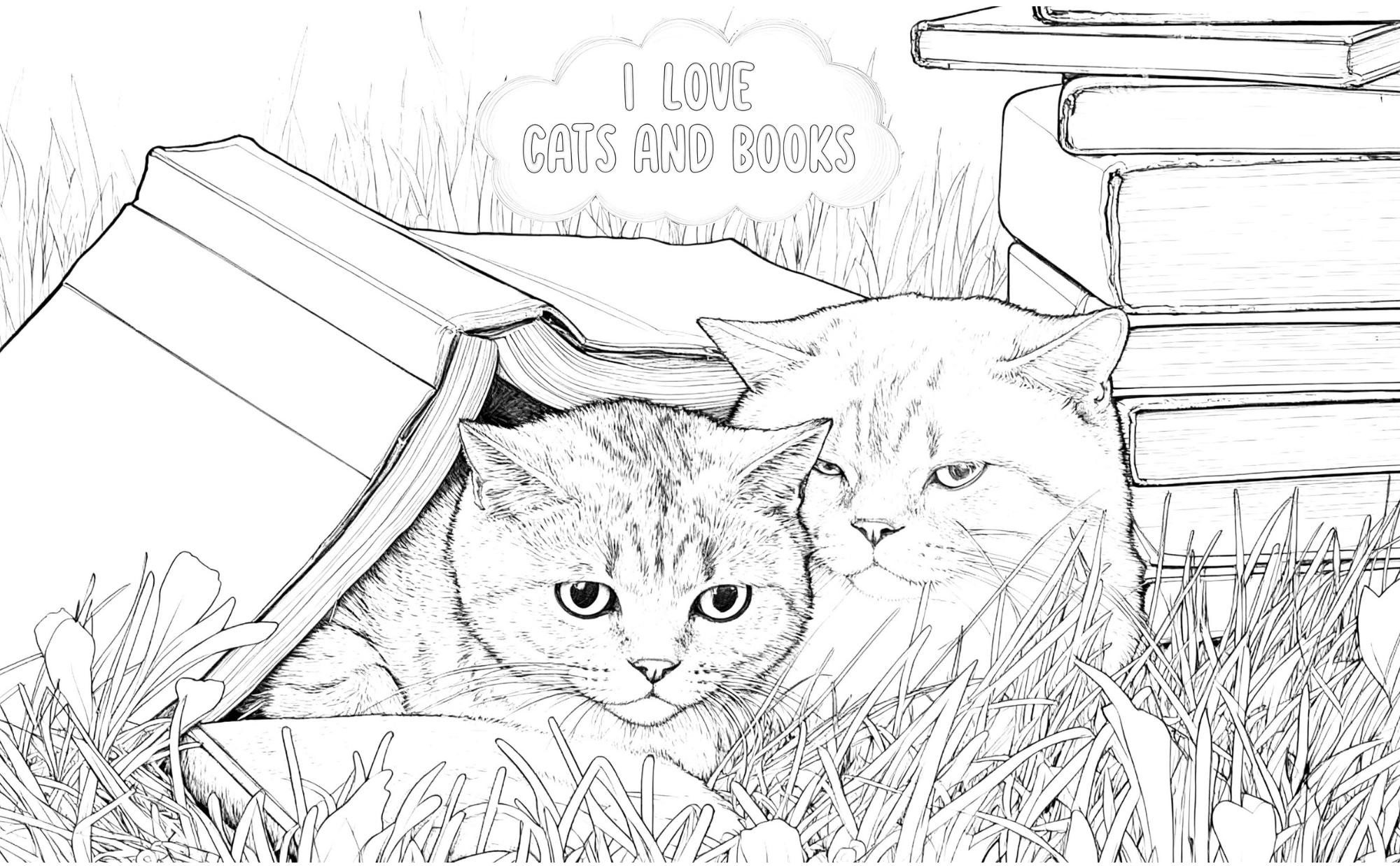 Free Cats and Books Coloring Page