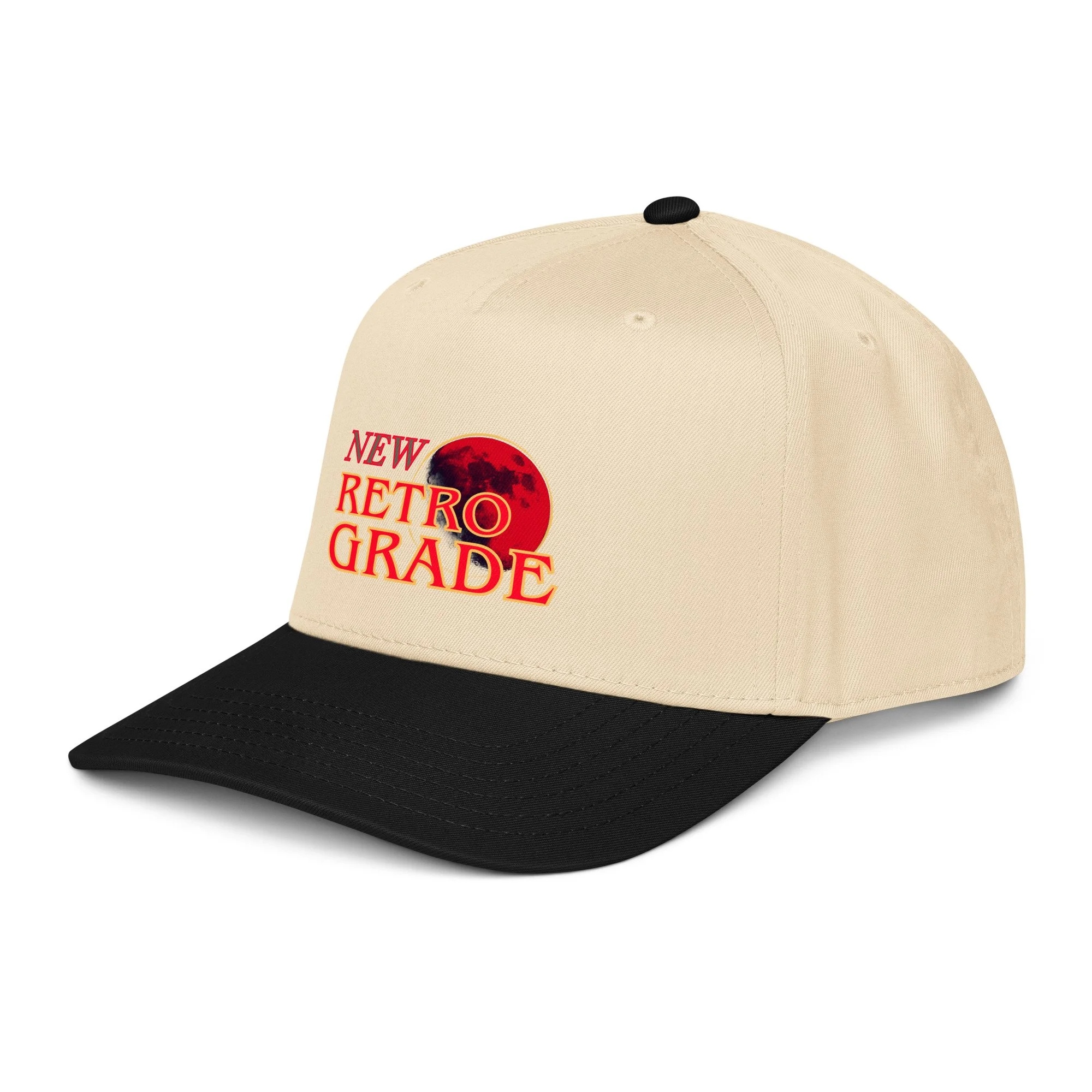 Beige baseball cap with black brim featuring red text and a red moon graphic, reading "New Retro Grade."