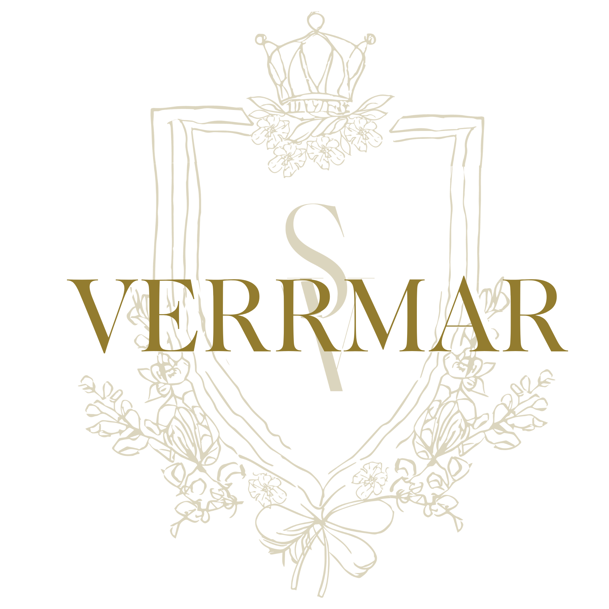 Gold line drawing of a shield with floral accents, a crown at the top, and the word 'VERRMAR' in the center on a black background.
