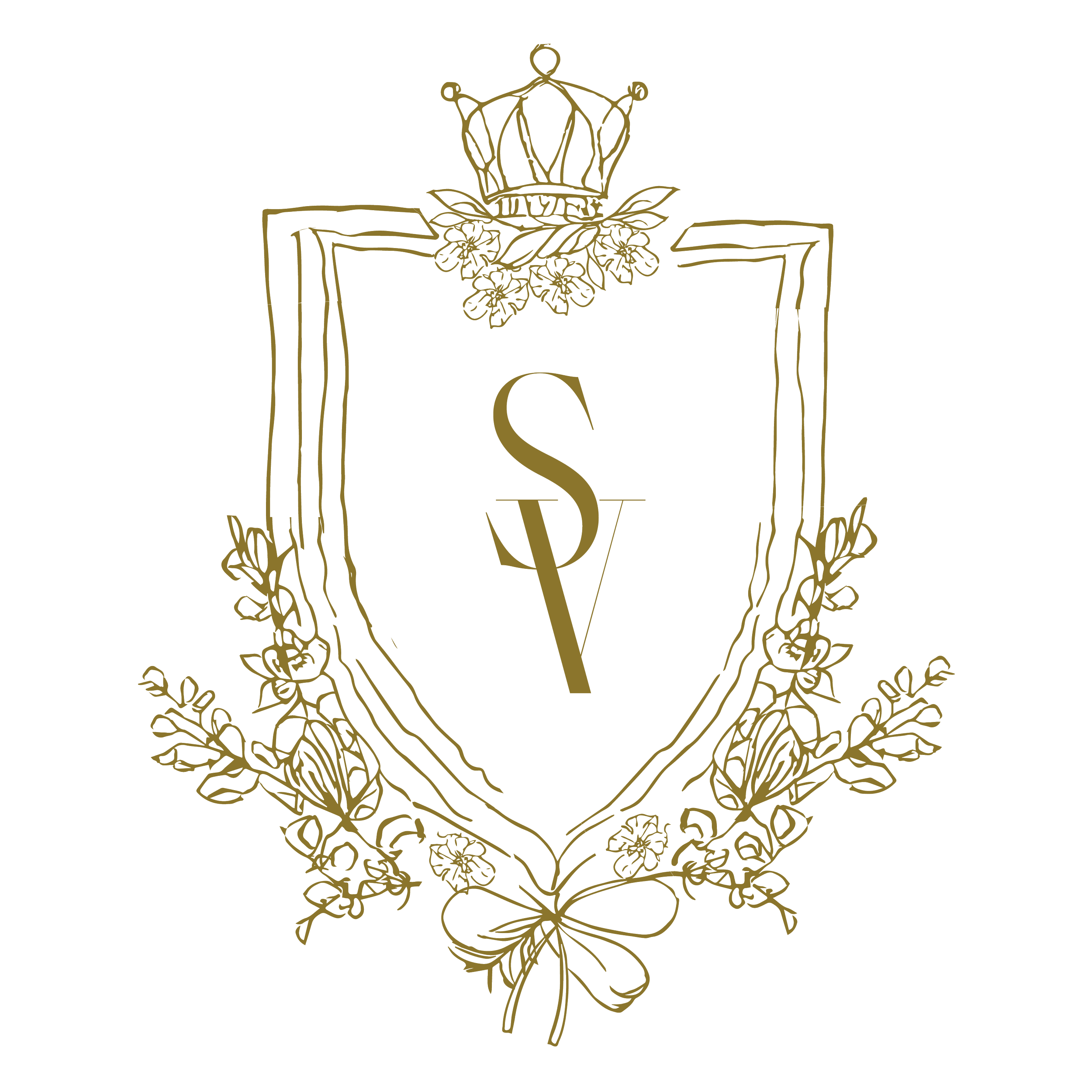 A decorative logo featuring a line drawing of a crown with floral accents, a monogram with the letters S and V, and a ribbon banner at the bottom.
