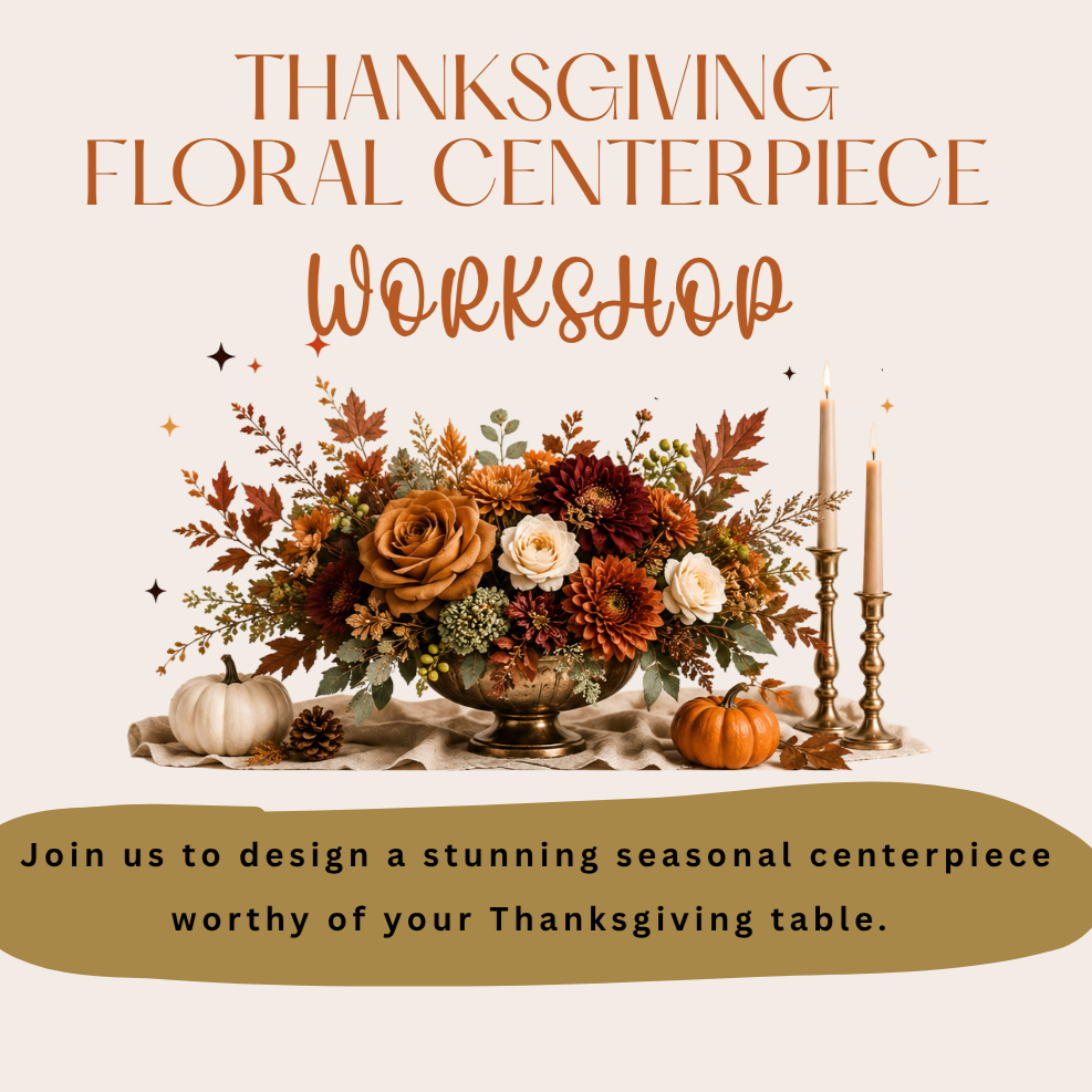 Fall floral centerpiece with pumpkins and candles for a Thanksgiving workshop invitation.