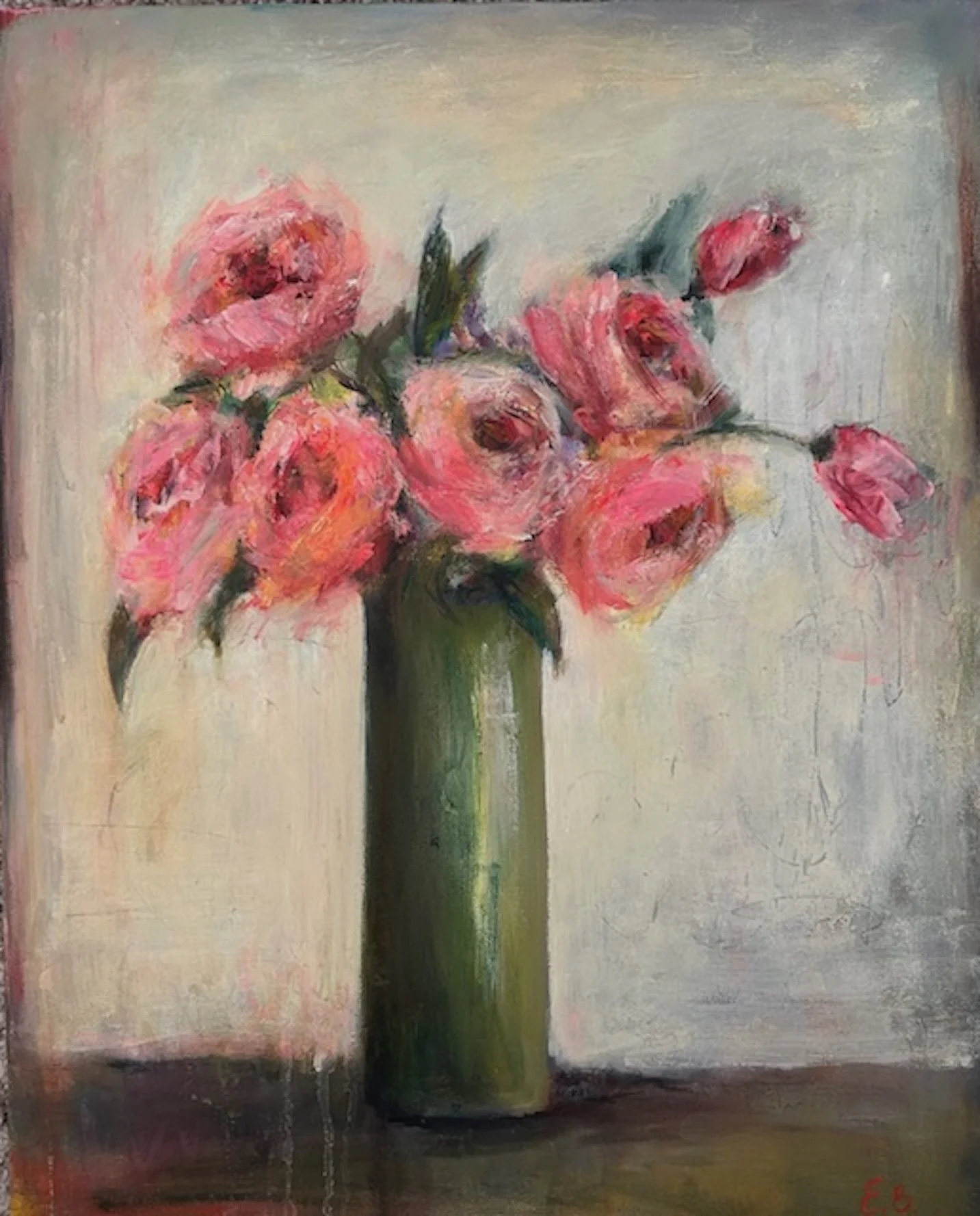 pink roses in green vase, oil 16X20' $$550.jpeg .jpg