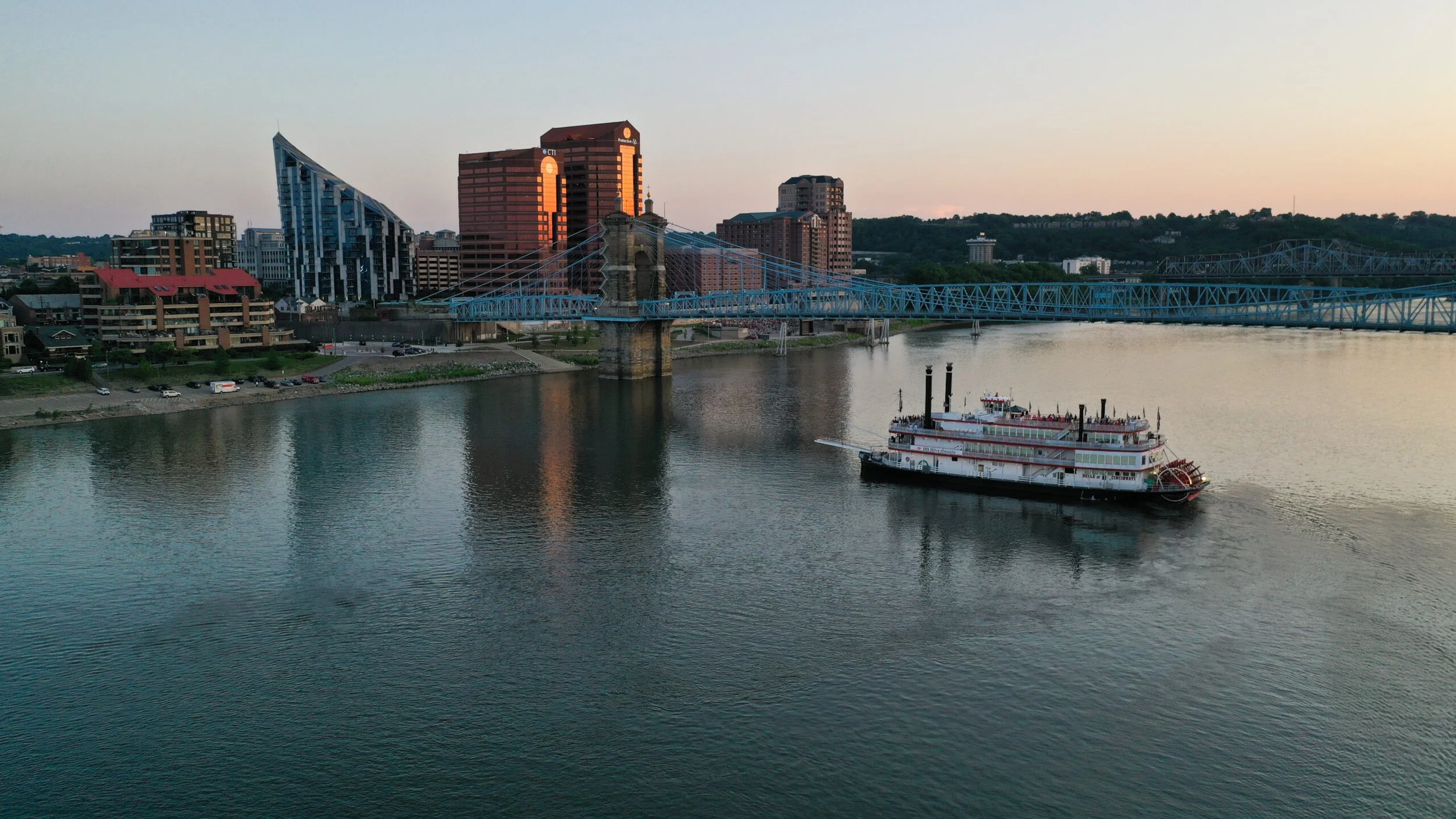 Northern Kentucky from Ohio River with a riverboat