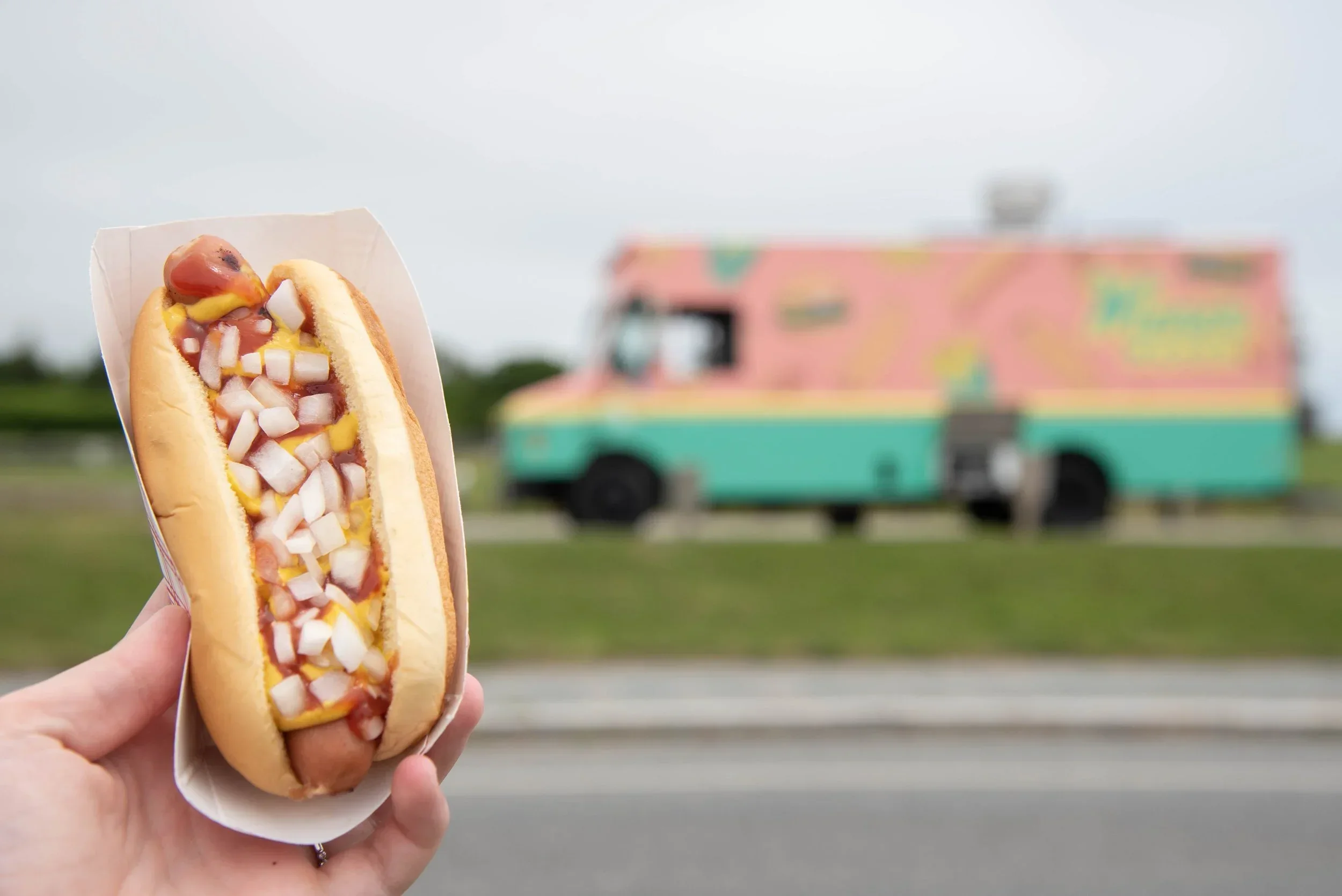 Hand holding a hot dog with toppings in front of a colorful food truck on a cloudy day.