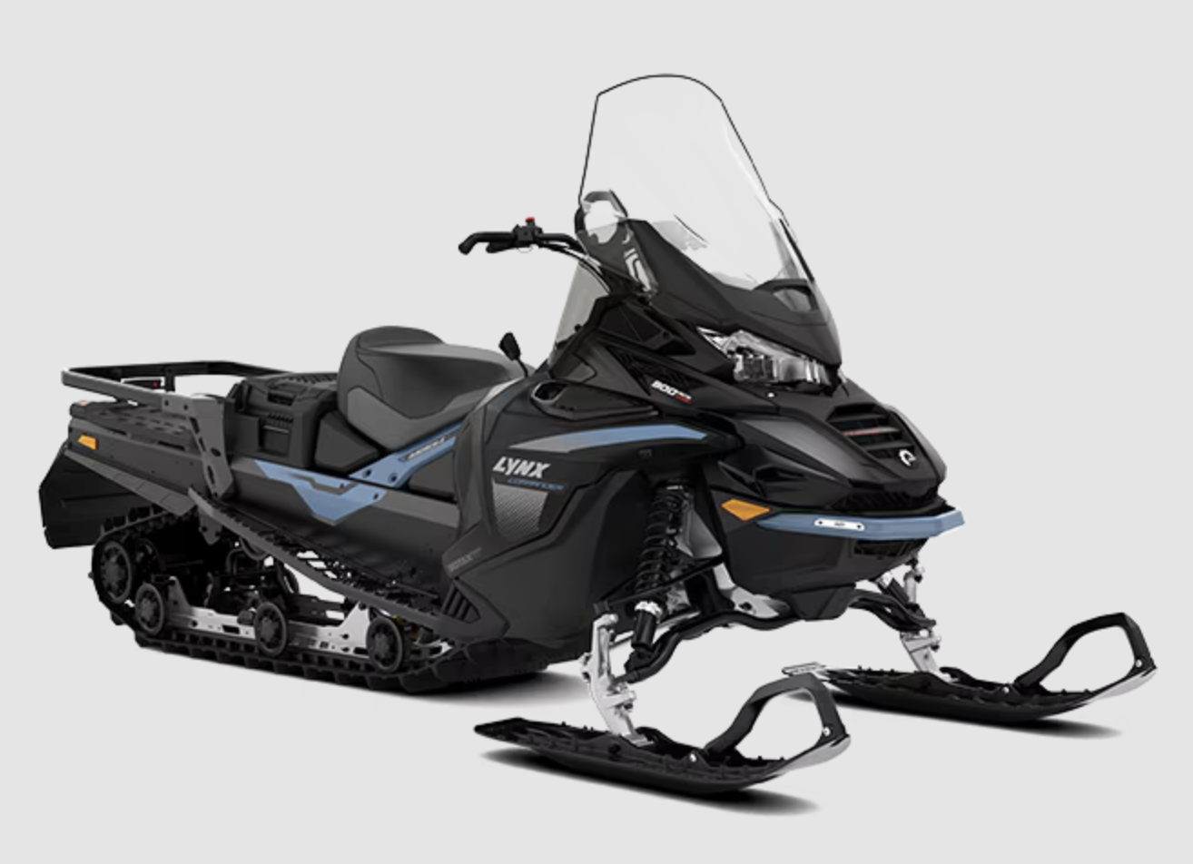 Black snowmobile with windshield and track system on a white background.
