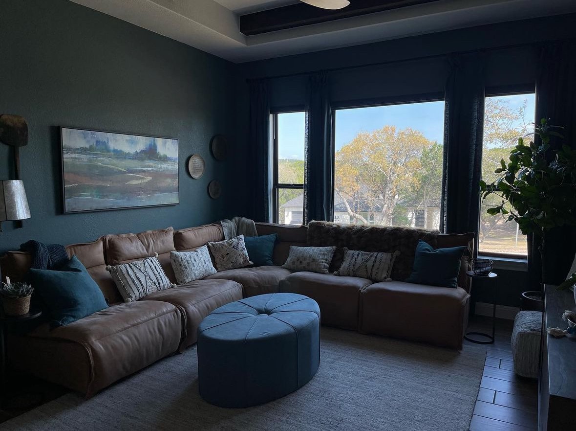 Home office glass treated with signal-safe, non-reflective window tint.