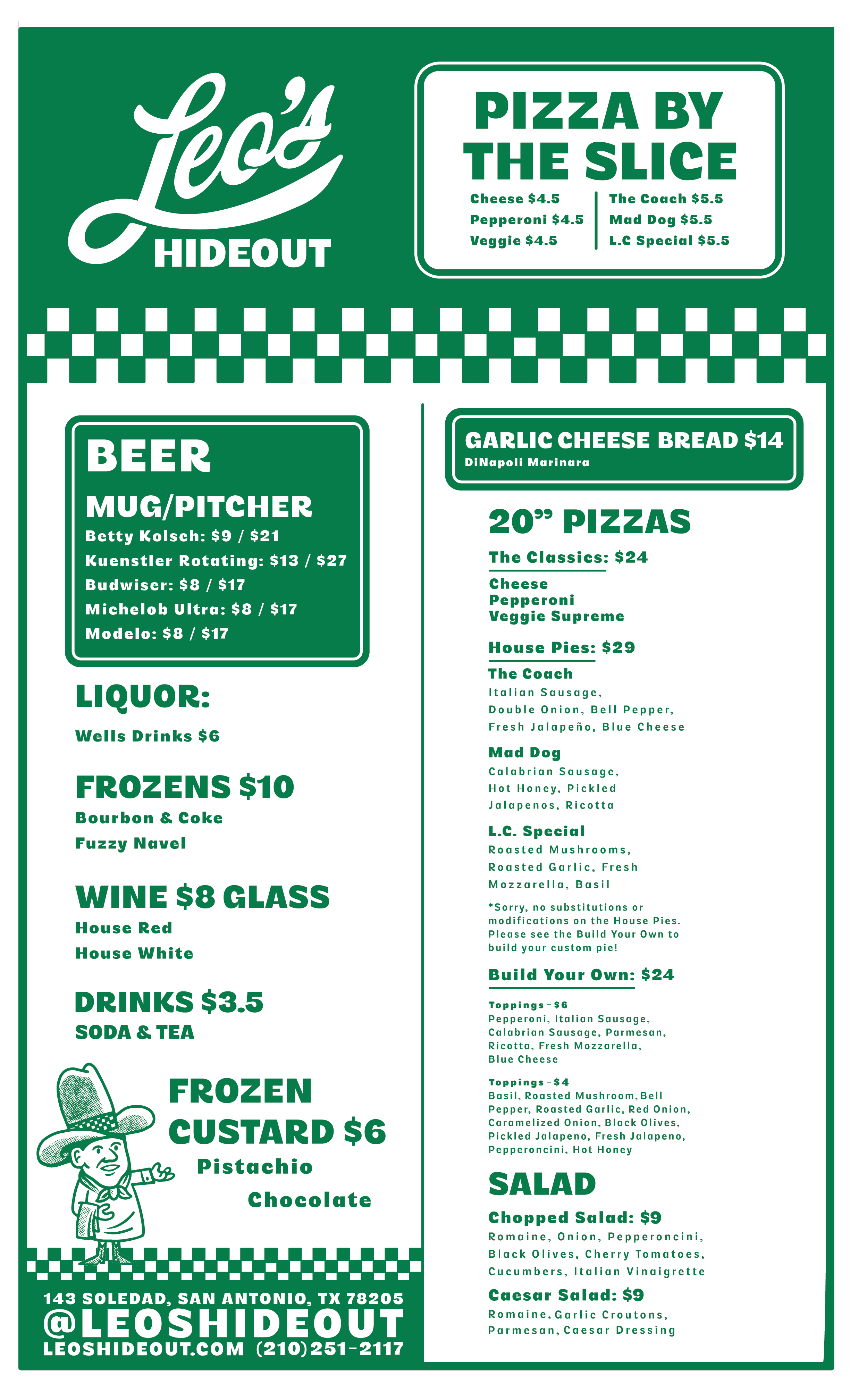 Leo's Hideout Food and Drink Menu