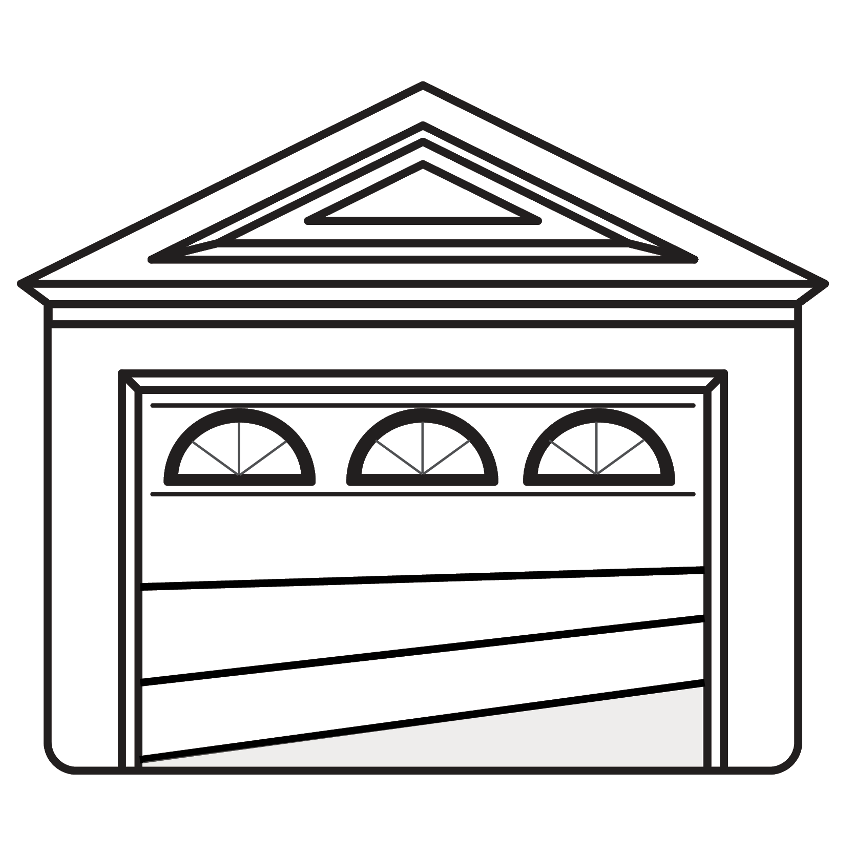 Outline drawing of a house with a gabled roof, three arched windows, and a garage door.