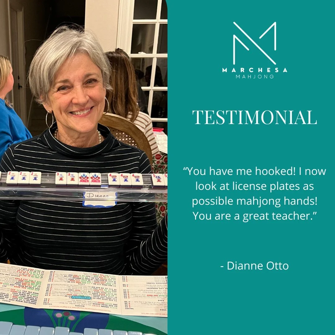 🌟 Testimonial Tuesday at Marchesa Mahjong 🌟

Thank you @dianne77007 for your kind words. I'm so grateful for each and every one of my students! It truly fills my heart to hear what you have to say.

#testimonialtuesday #marchesamahjong #learnmahjon