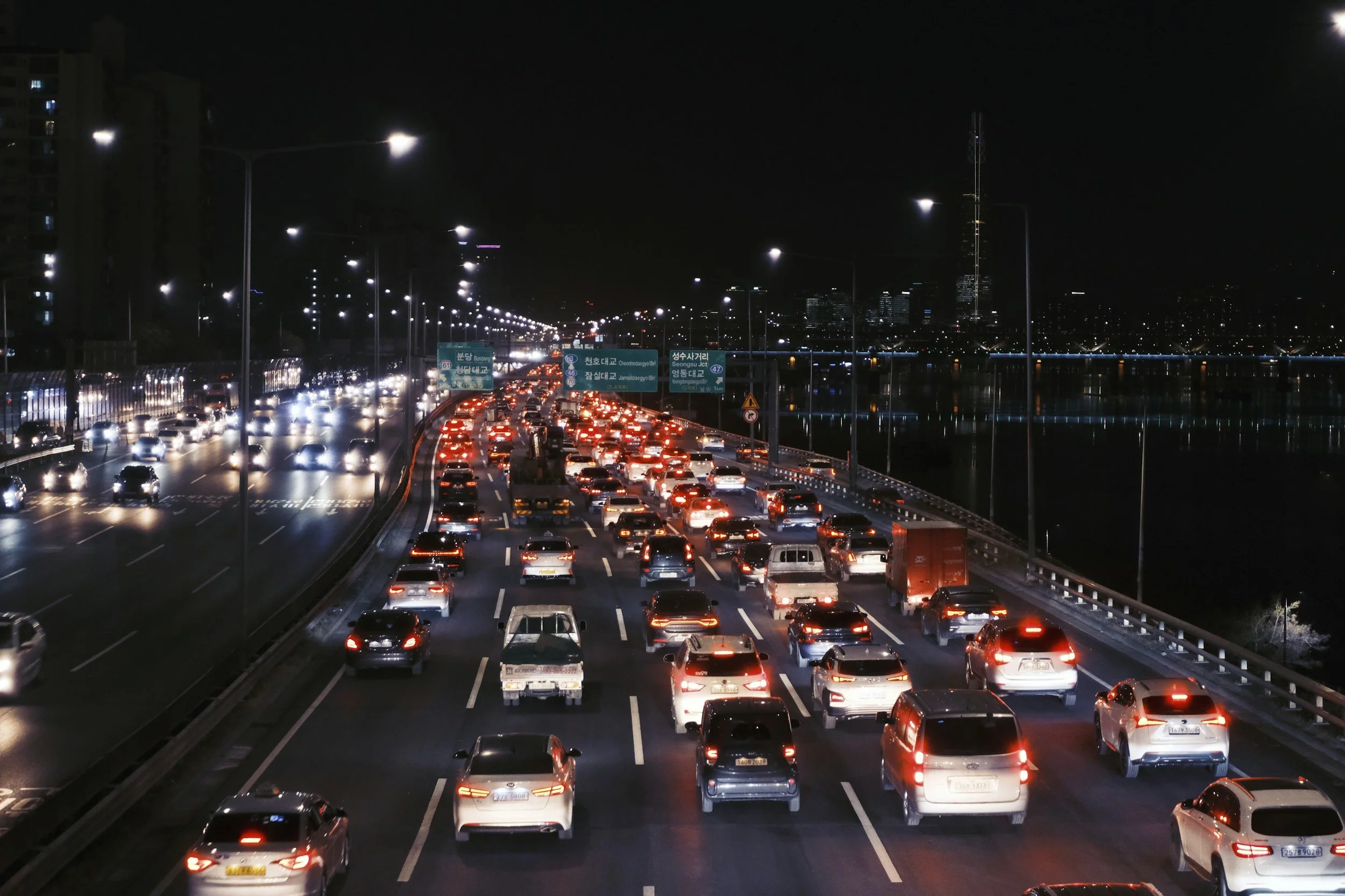 Cars stuck on a freeway at night